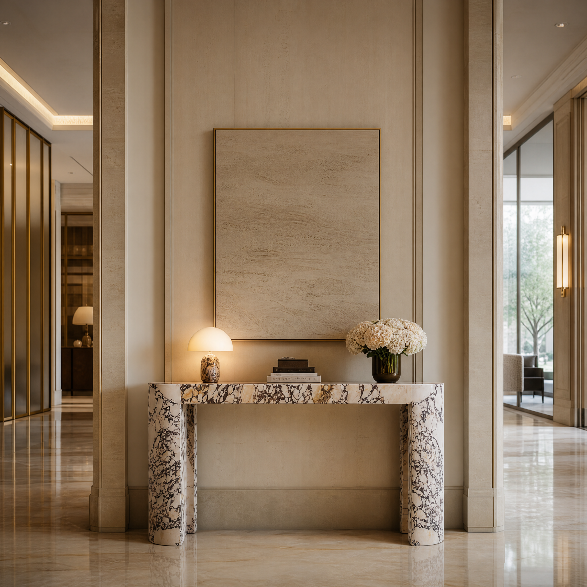 Luxury hospitality lobby featuring the VORELLI Rivolino honed Viola marble console table as a refined, contemporary statement piece.