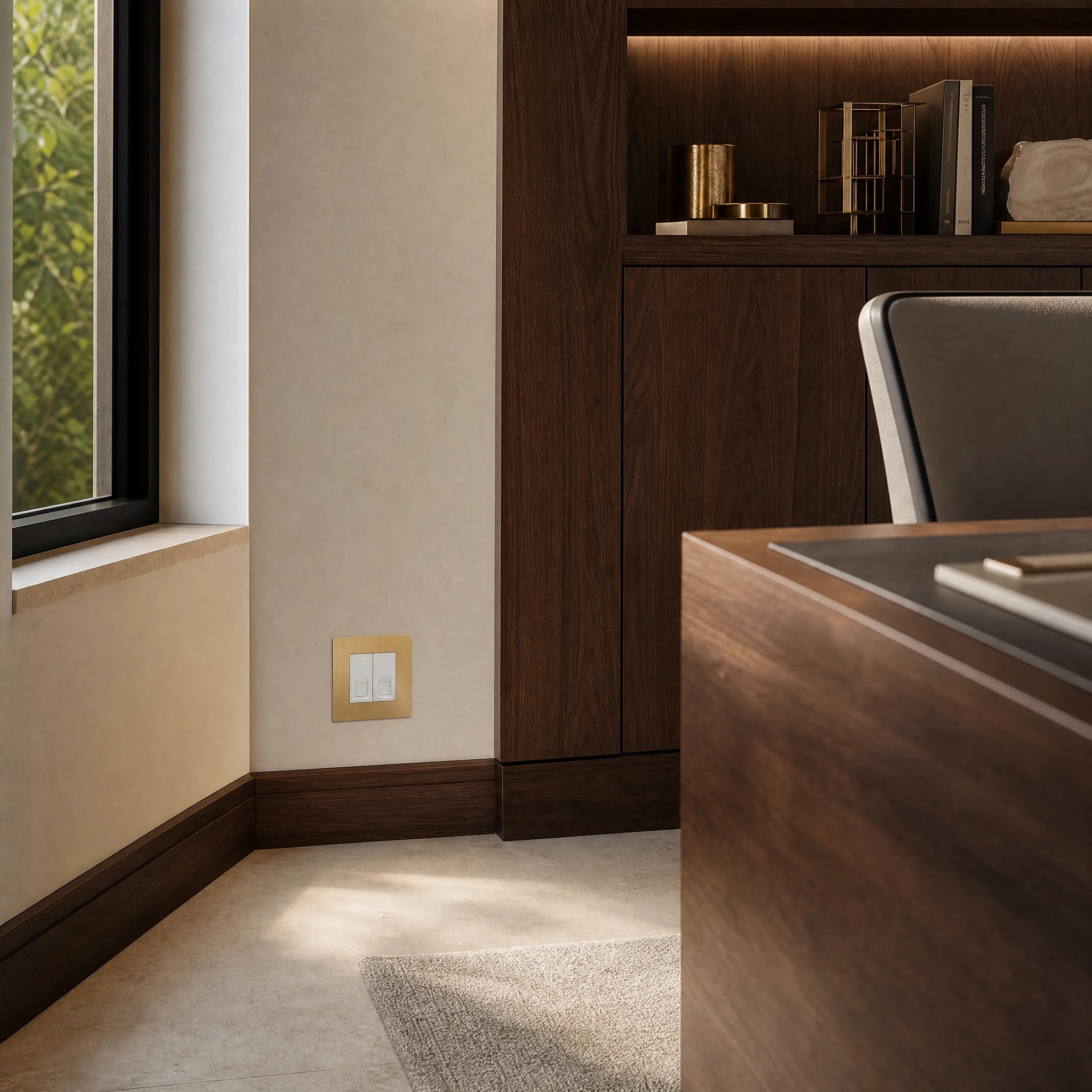 Luxury canvas rj45 data outlet installed within executive home office with walnut joinery and soft task lighting in a UHNW interior by VORELLI®.