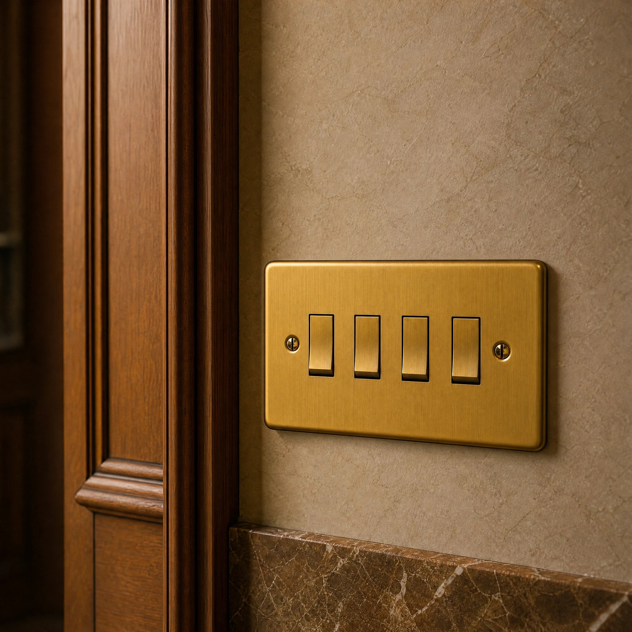 Close-up of a luxury antique brass rocker switch installed within feature wall beside an elegant doorway with refined timber panelling by VORELLI®.