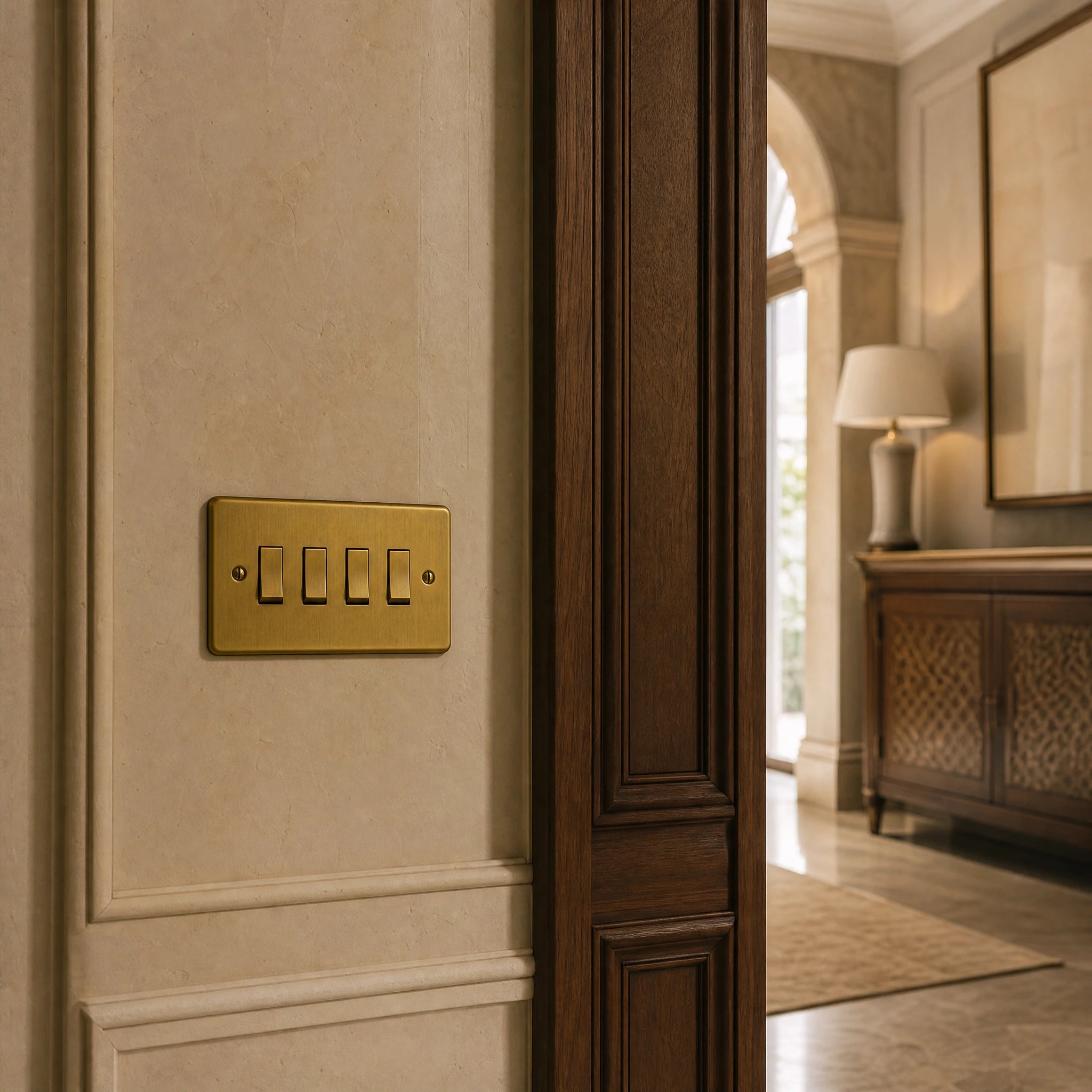 Luxury antique brass rocker switch installed within feature wall beside an elegant doorway with refined timber panelling in a UHNW interior by VORELLI®.