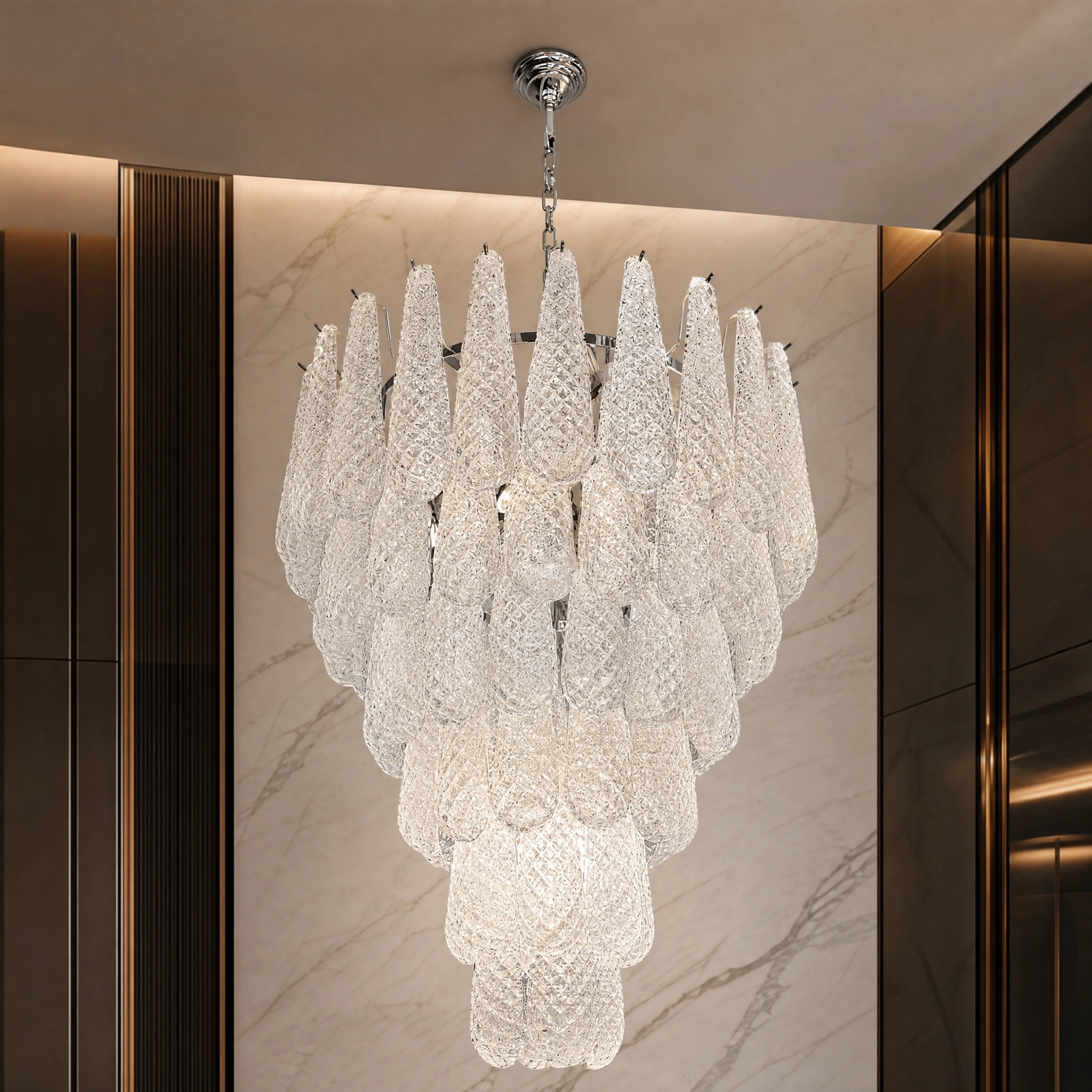 Roma Conchiglie Murano Shell Glass Staircase Chandelier close-up luxury lifestyle hero image by VORELLI