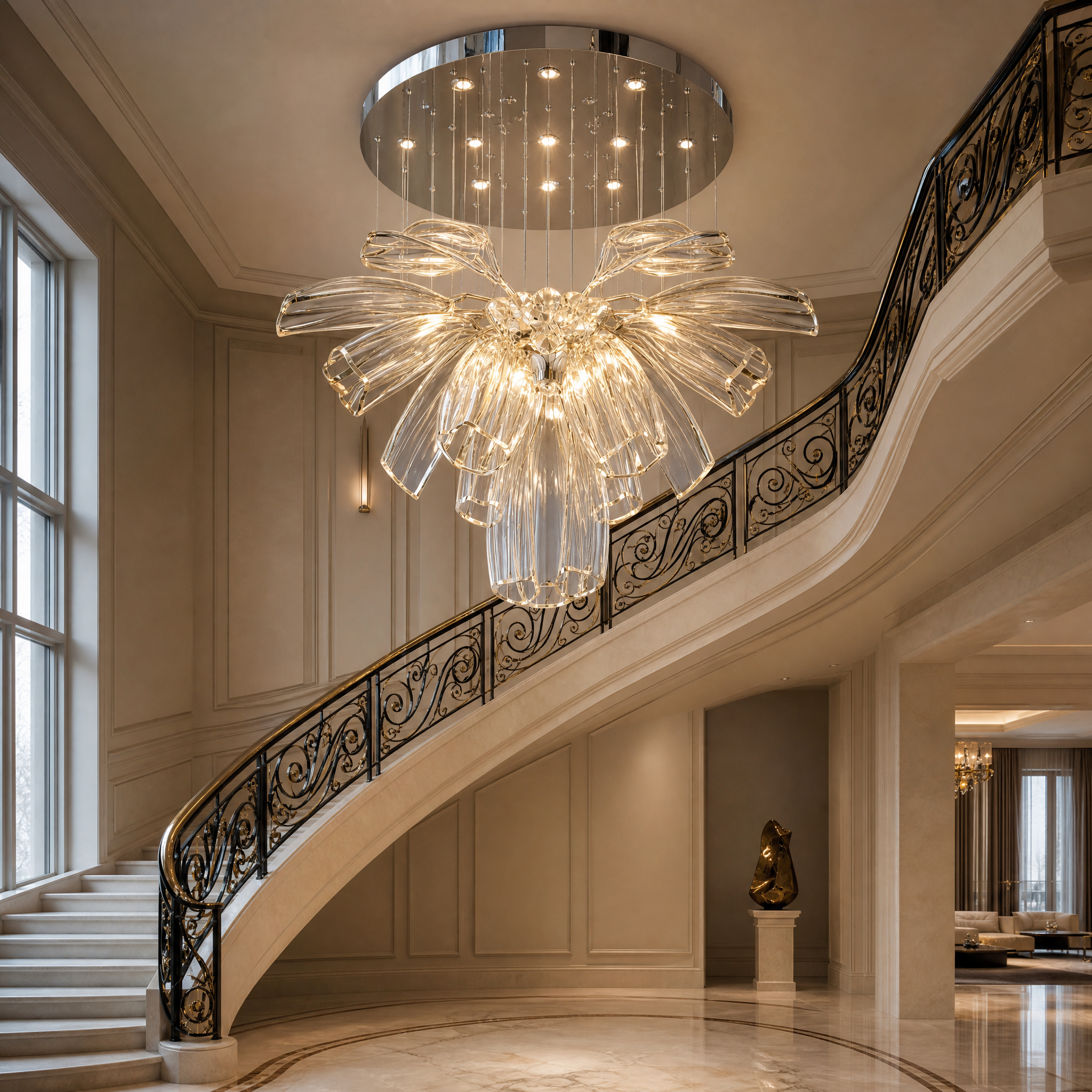 VORELLI Romano pendant staircase chandelier featuring hand-blown glass elements in a modern residential grand entryway.