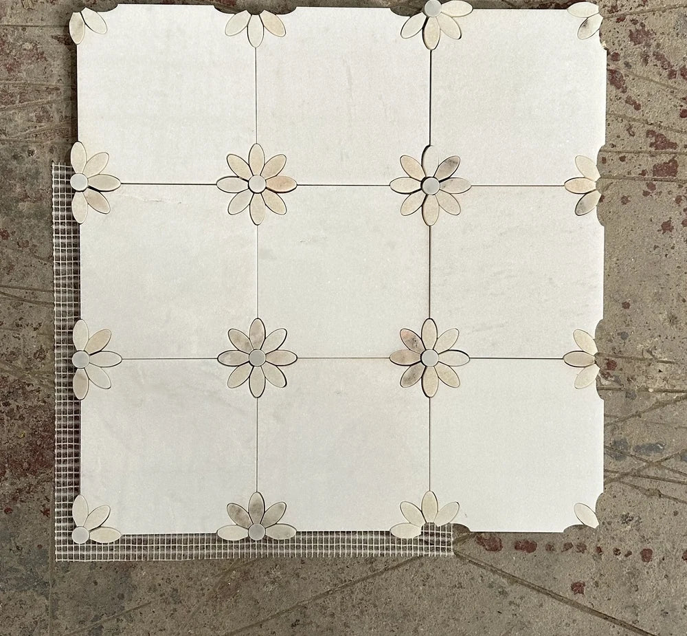 Rosa Portugallo Flower White Waterjet Marble Mosaic luxury white, red waterjet marble mosaic for premium UK interiors