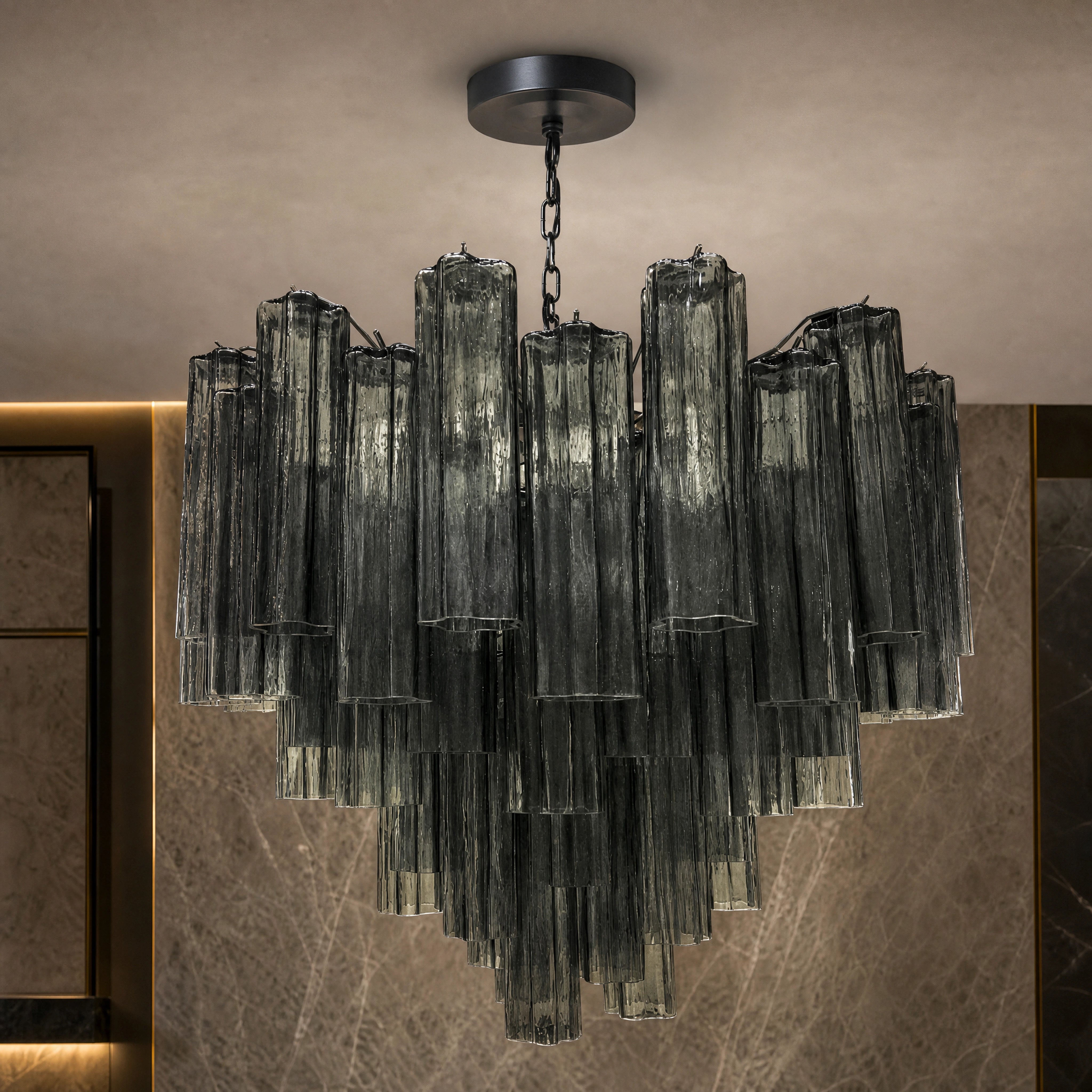 Rosetta Tronchi Murano Glass Circular Chandelier close-up luxury lifestyle hero image by VORELLI