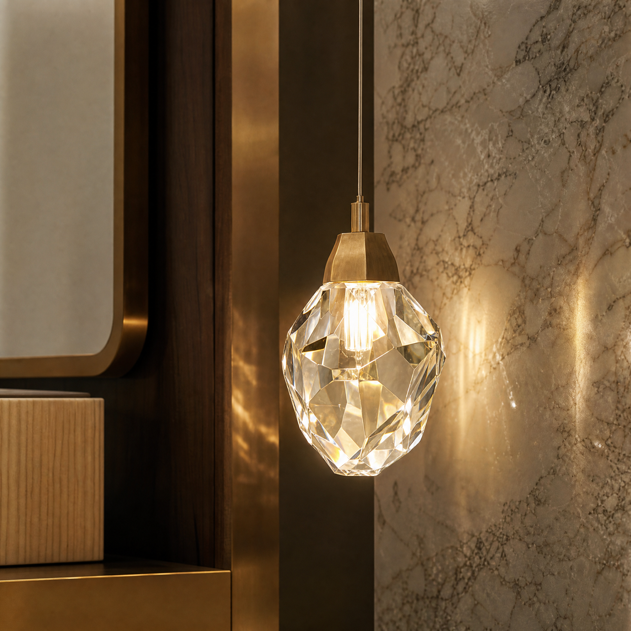 Close-up macro shot of the VORELLI Runtz pendant's faceted crystal glass, showcasing precision craftsmanship and light refraction.