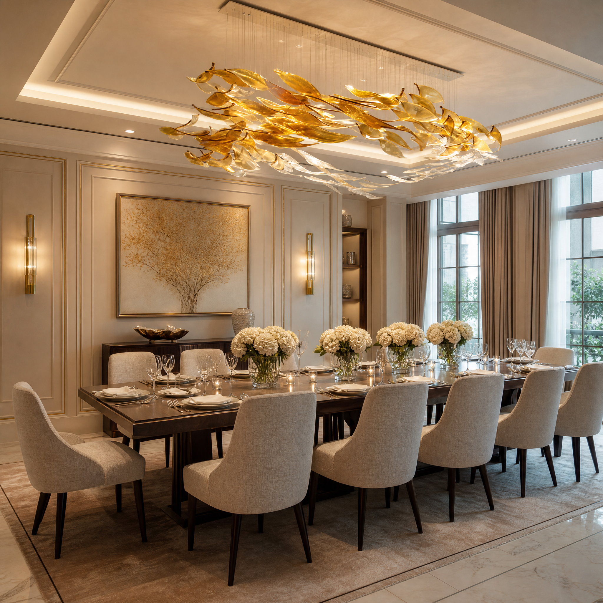 Luxury residential dining room featuring the VORELLI Sculpted Blade lighting installation suspended above a modern table for a refined architectural presence.