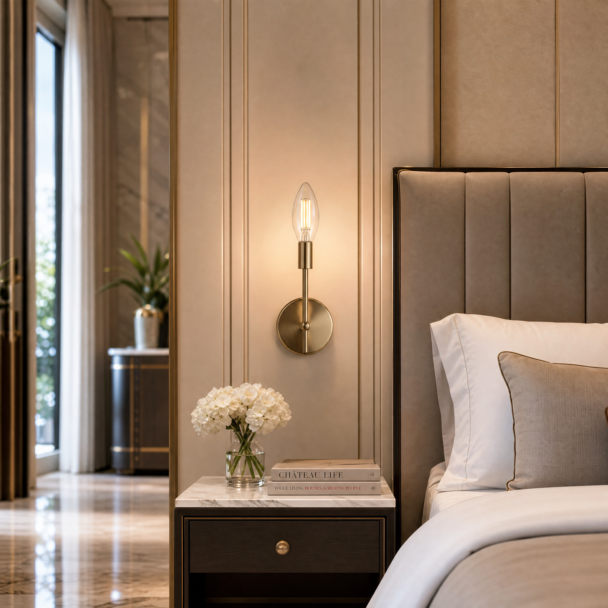 Upscale hospitality setting featuring luxury wall sconces with clear filament E14 LED dimmable bulbs creating an atmospheric and elegant ambiance.