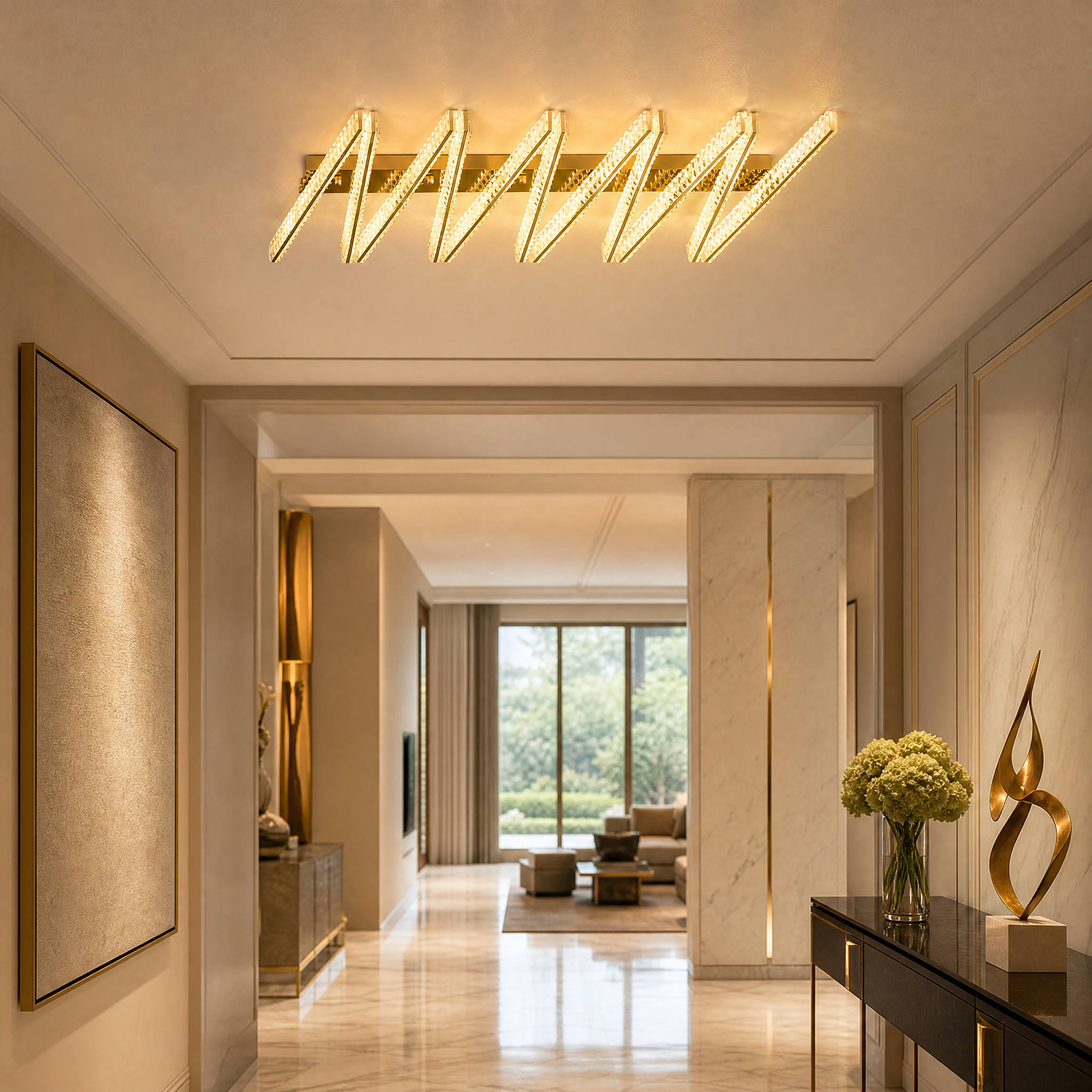 VORELLI Signature Ceiling Light illuminating a sophisticated, modern residential living room with high-end contemporary furnishings.