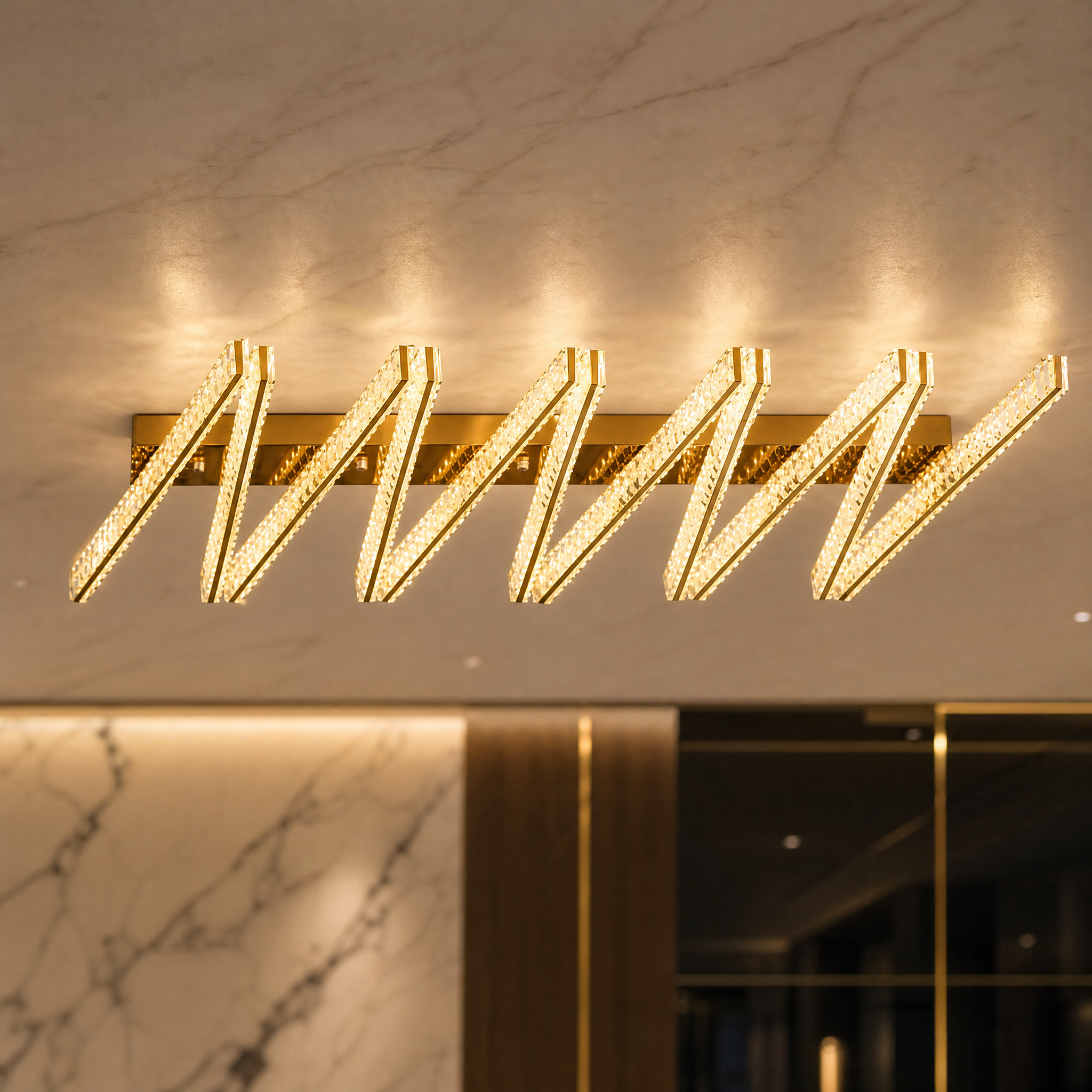 A detailed, close-up shot showcasing the exquisite craftsmanship, premium materials, and intricate design elements of the VORELLI Signature Ceiling Light.