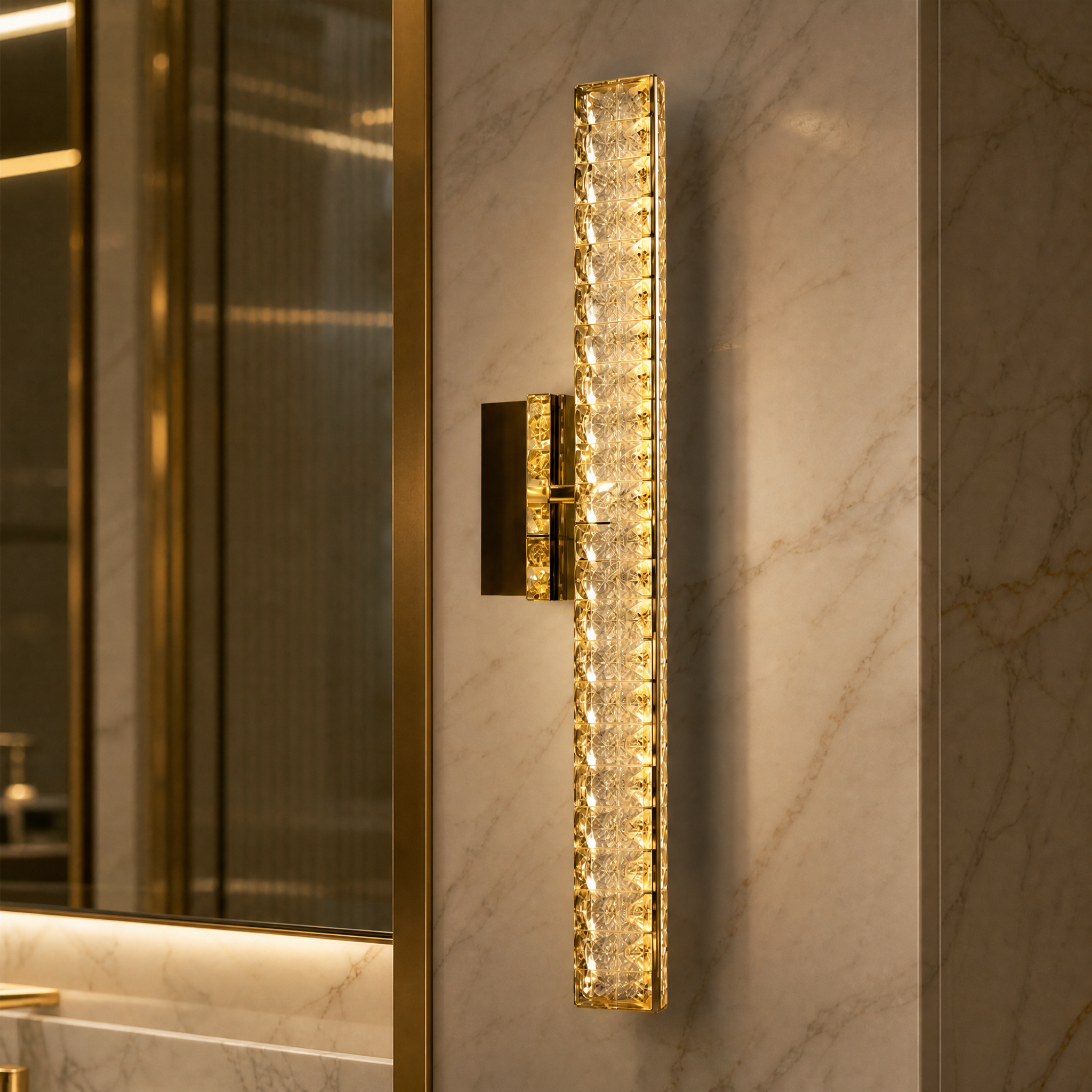 Macro close-up shot of the VORELLI Signature 'I' wall light, showcasing the intricate craftsmanship of its luxurious diamond-cut crystals.