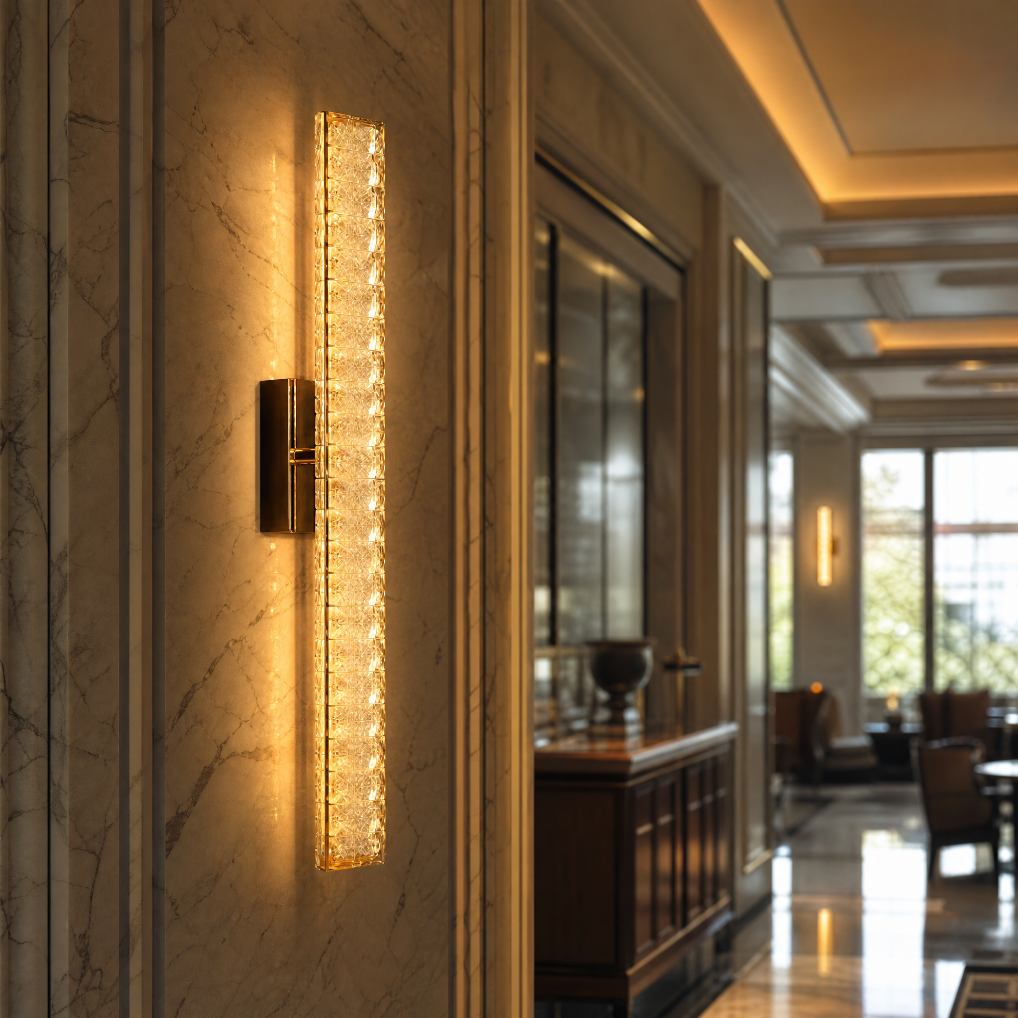 Sophisticated hotel lobby corridor illuminated by the VORELLI Signature 'I' crystal wall sconce, creating an upscale hospitality ambiance.