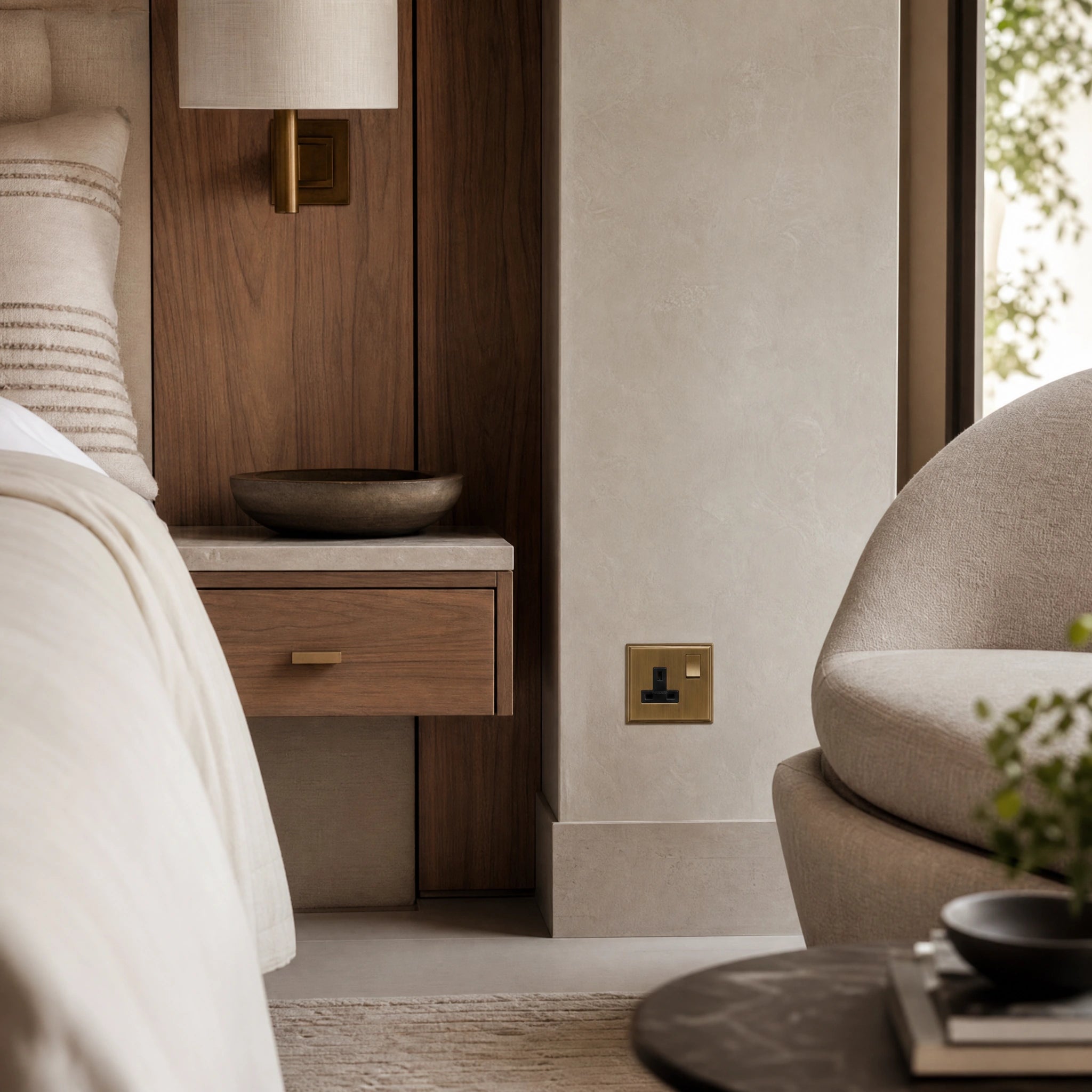 Luxury antique brass single socket installed within bespoke bedside joinery or stone wall beside a luxury seating area in a UHNW interior by VORELLI®.