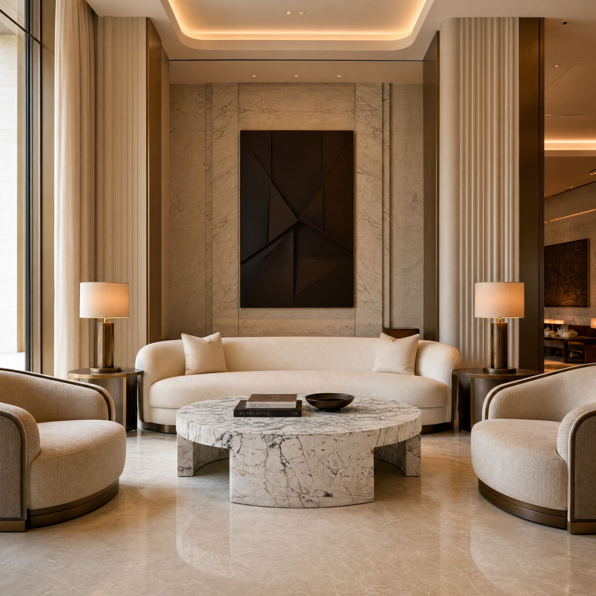 Sophisticated hotel lounge featuring the VORELLI Sirena coffee table in honed matt finish Viola marble.