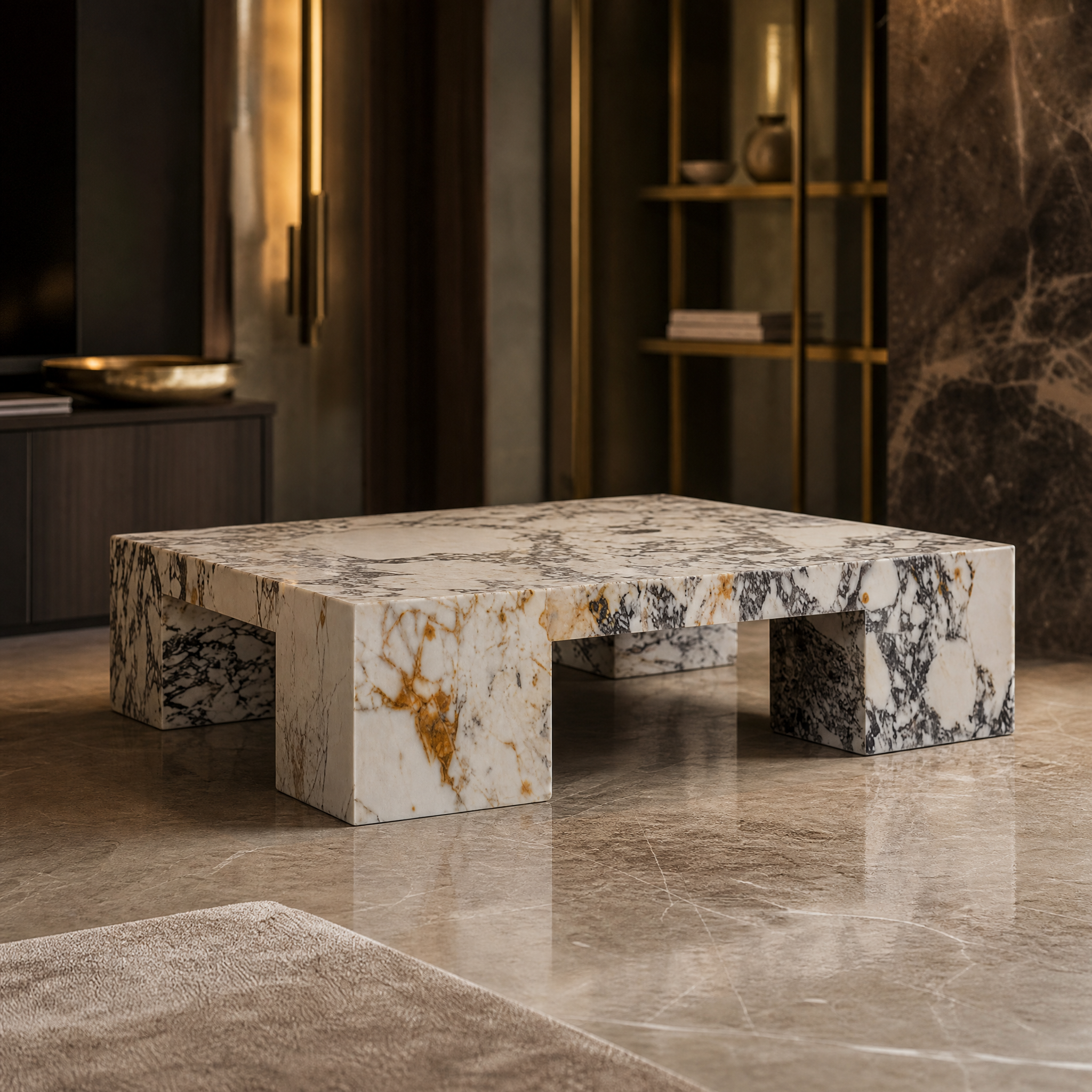 Close-up detail of the VORELLI Sirena coffee table highlighting the rich natural veining and elegant honed matt finish of the Viola marble.