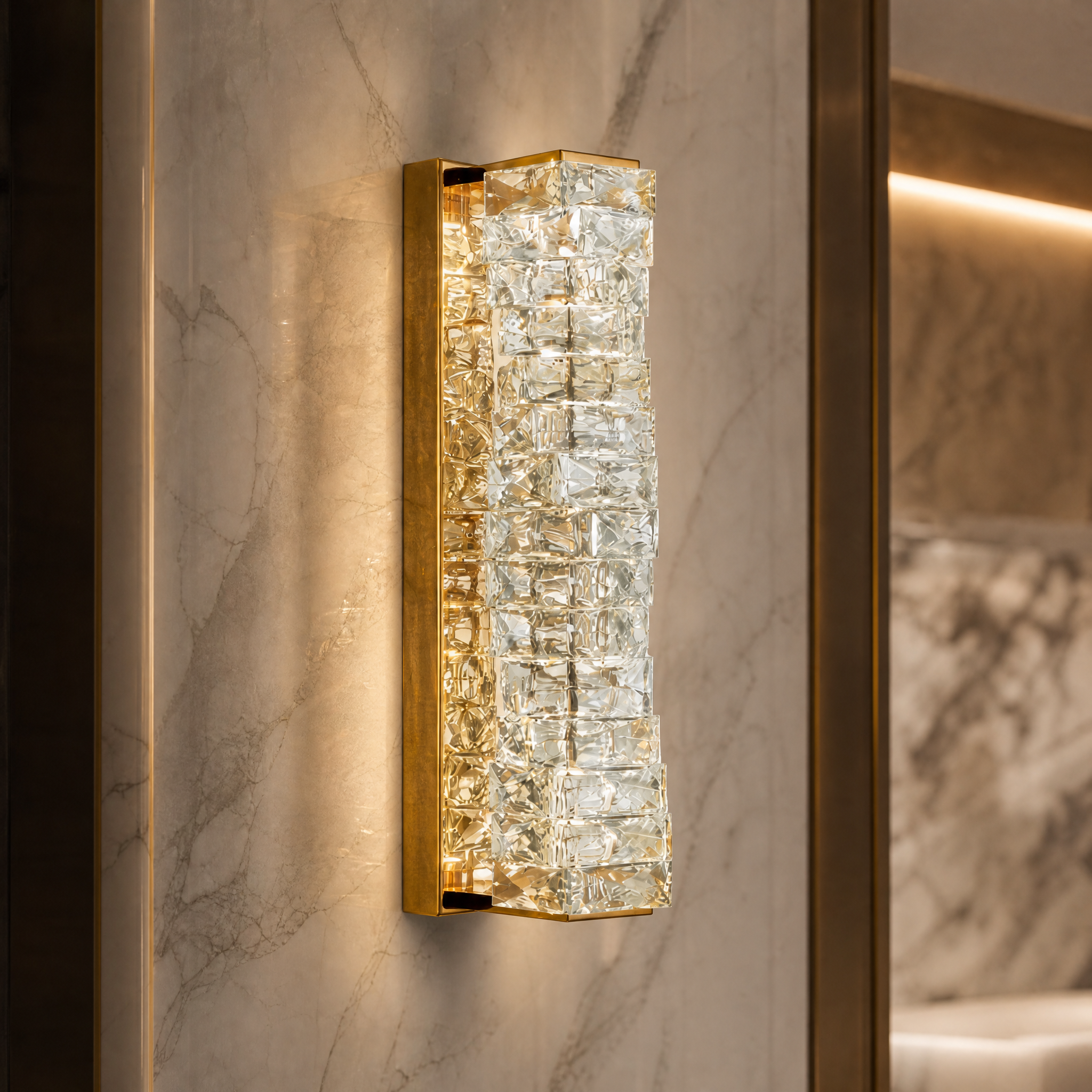 Macro closeup of the VORELLI Sitka Wall Light, showcasing the premium sparkling diamond-cut rectangle crystals.