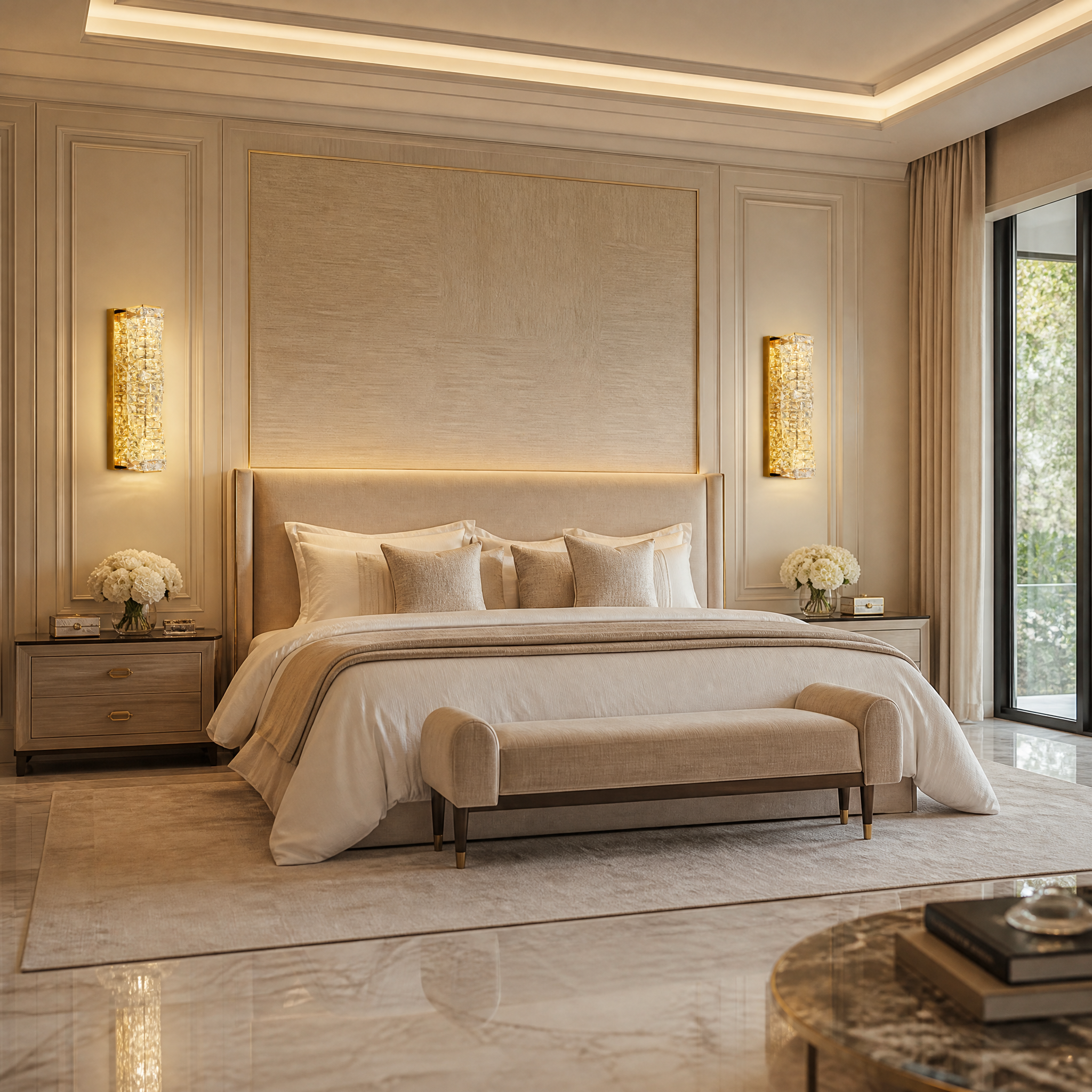 Modern cuboid VORELLI Sitka crystal wall light illuminating a luxury residential living room with a sophisticated, radiant glow.