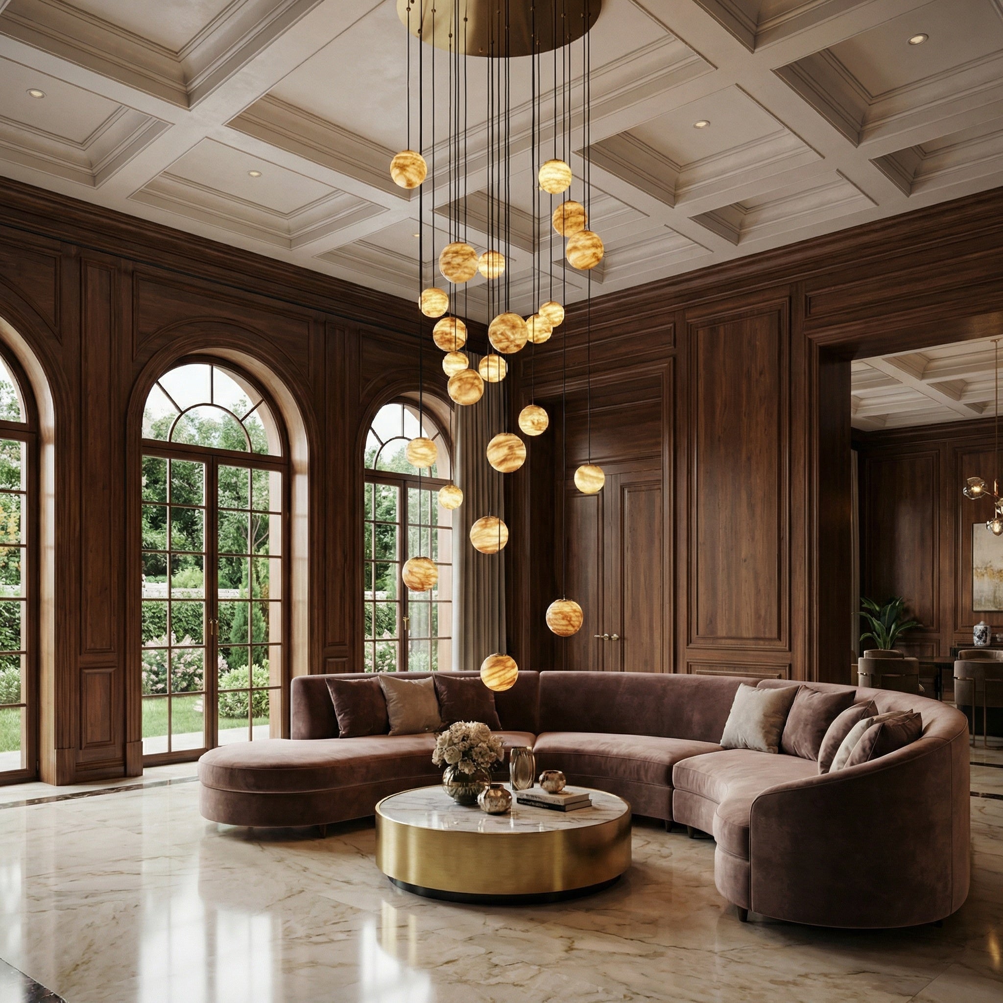 VORELLI® Solara marble pendant staircase chandelier with glowing spherical stone pendants creating warm luxury lighting in grand interiors