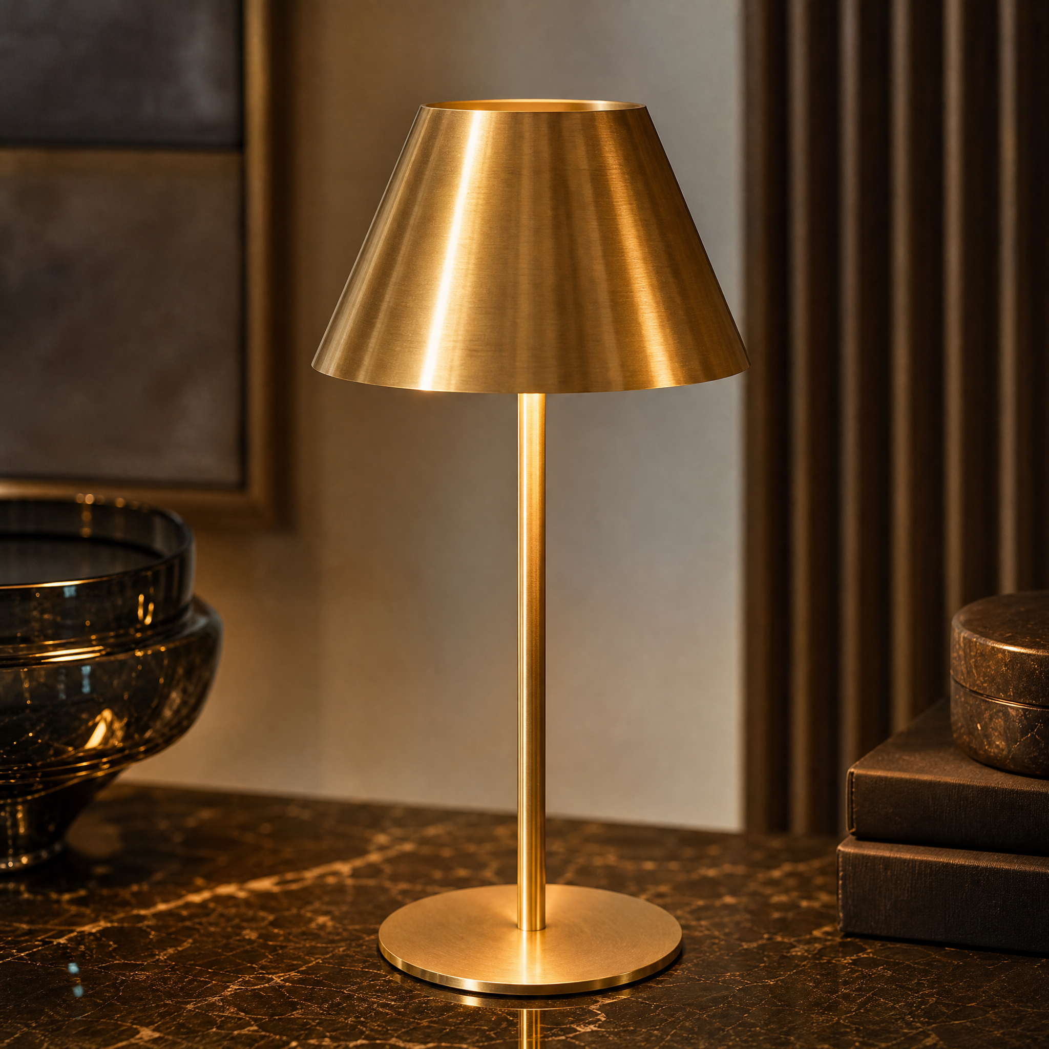 Close-up detail of the VORELLI Solvane table lamp showing the refined texture of its antique brass finish and slender stem architectural presence.