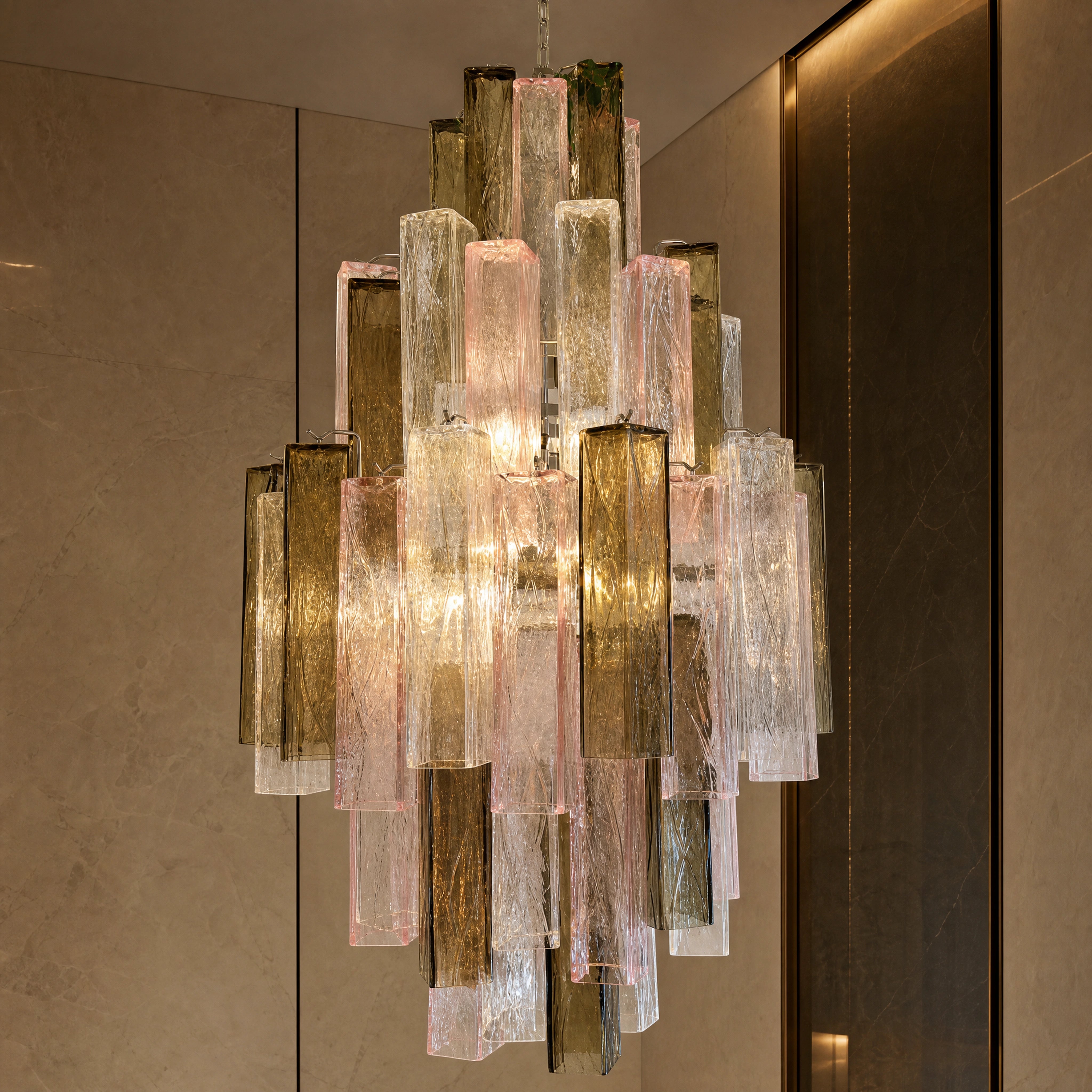 Sorrento Squares Murano Glass Staircase Chandelier close-up luxury lifestyle hero image by VORELLI
