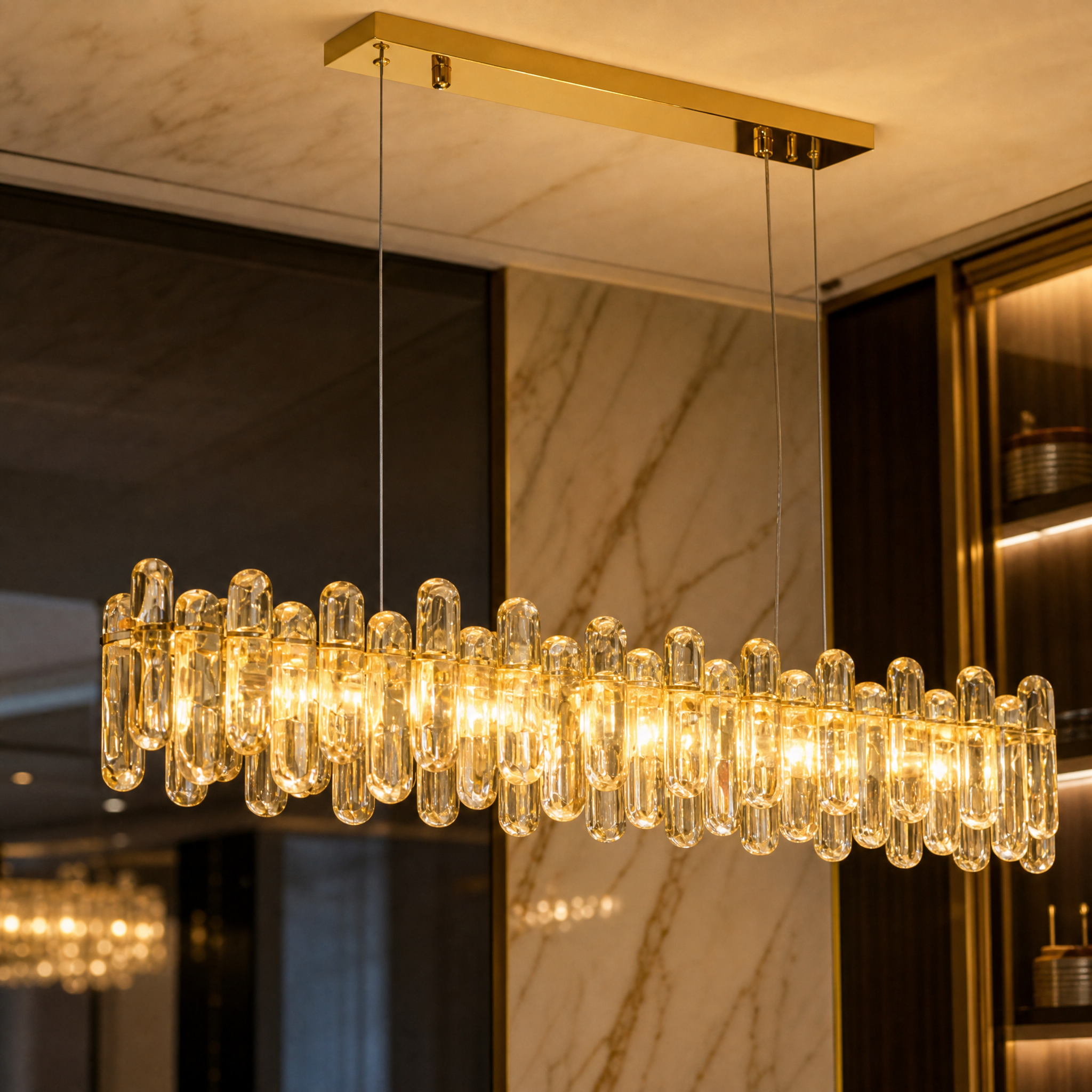 Close-up detail of the premium textured crystal glass on the VORELLI Stellina rectangular chandelier highlighting its modern craftsmanship.