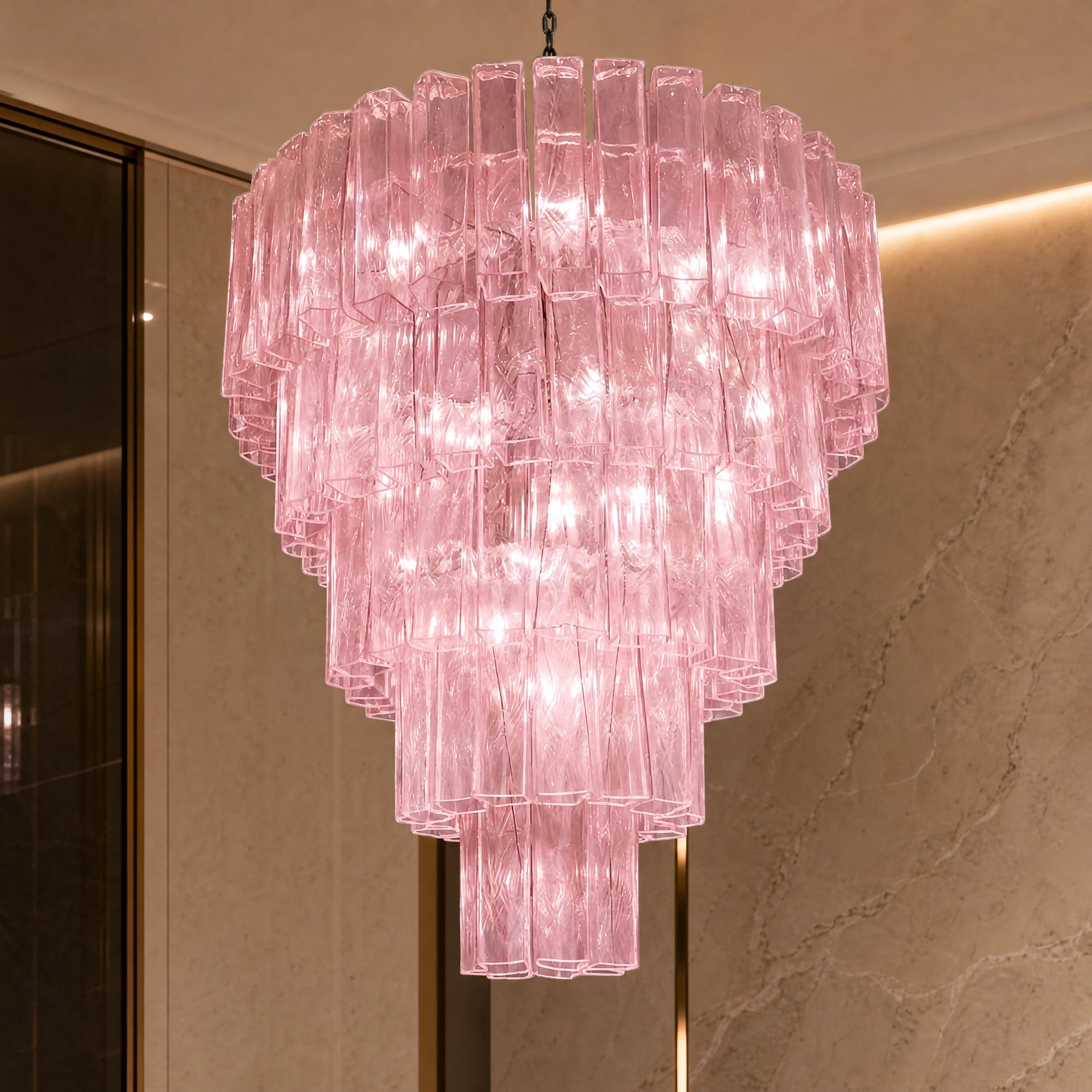 Stresa Squares Murano Glass Staircase Chandelier close-up luxury lifestyle hero image by VORELLI