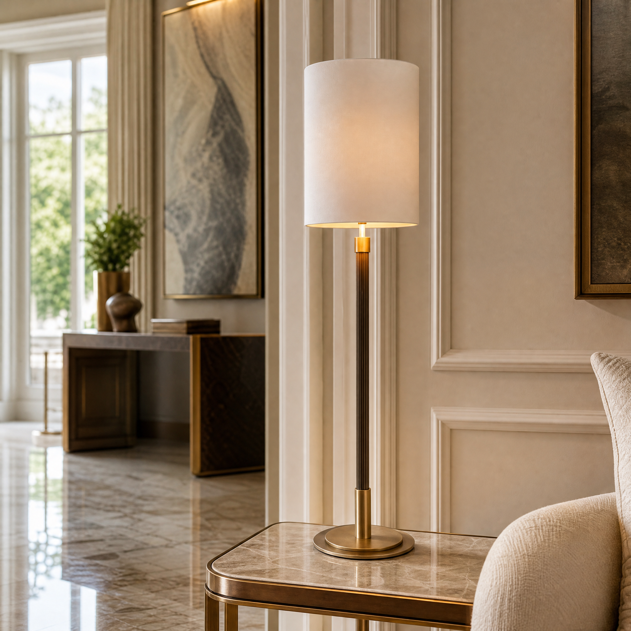 The VORELLI Tavero Brass Table Lamp casting a warm, inviting glow on a bedside table in a luxury residential bedroom styling.