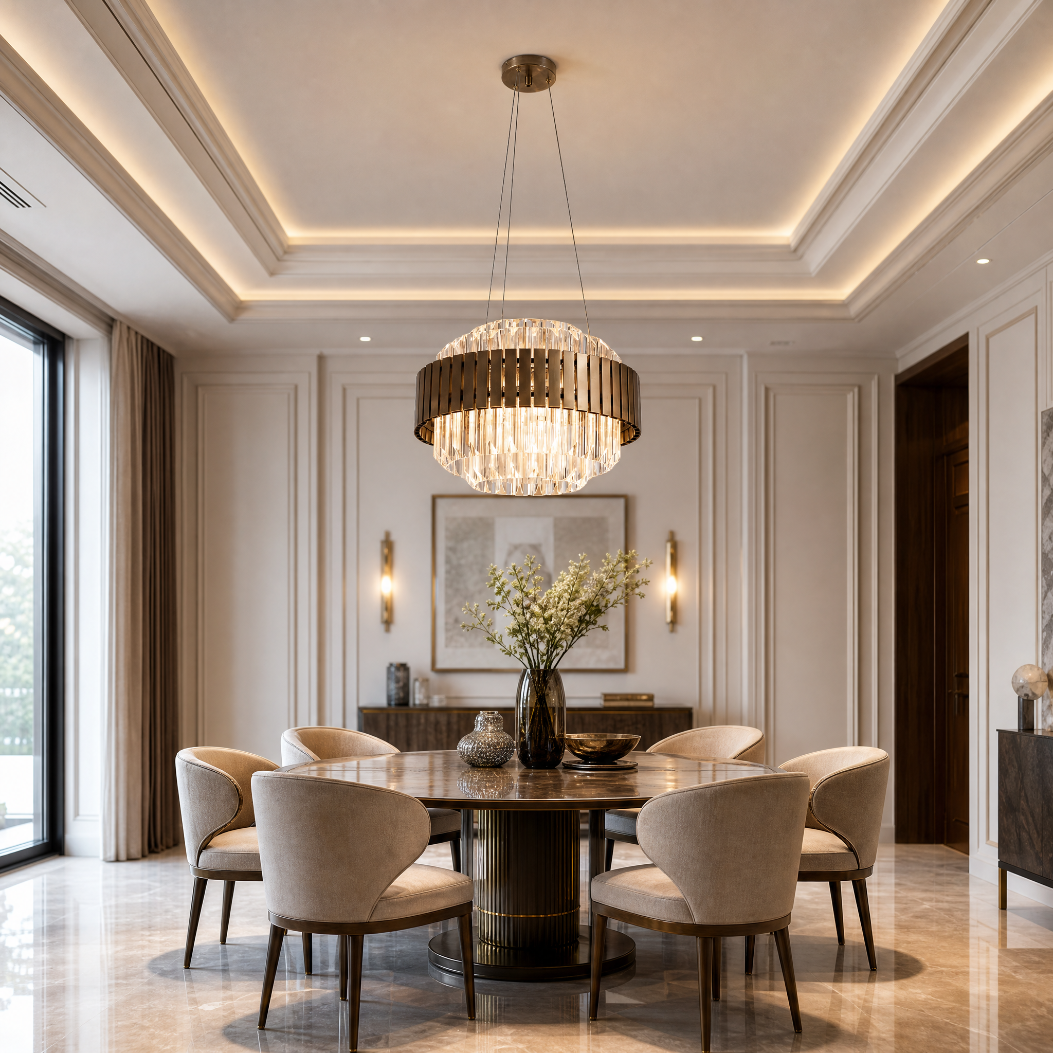 VORELLI Taviano circular chandelier illuminated in a luxury residential living room, casting a radiant glow through its structured vertical panels and diamond-cut crystal prisms.