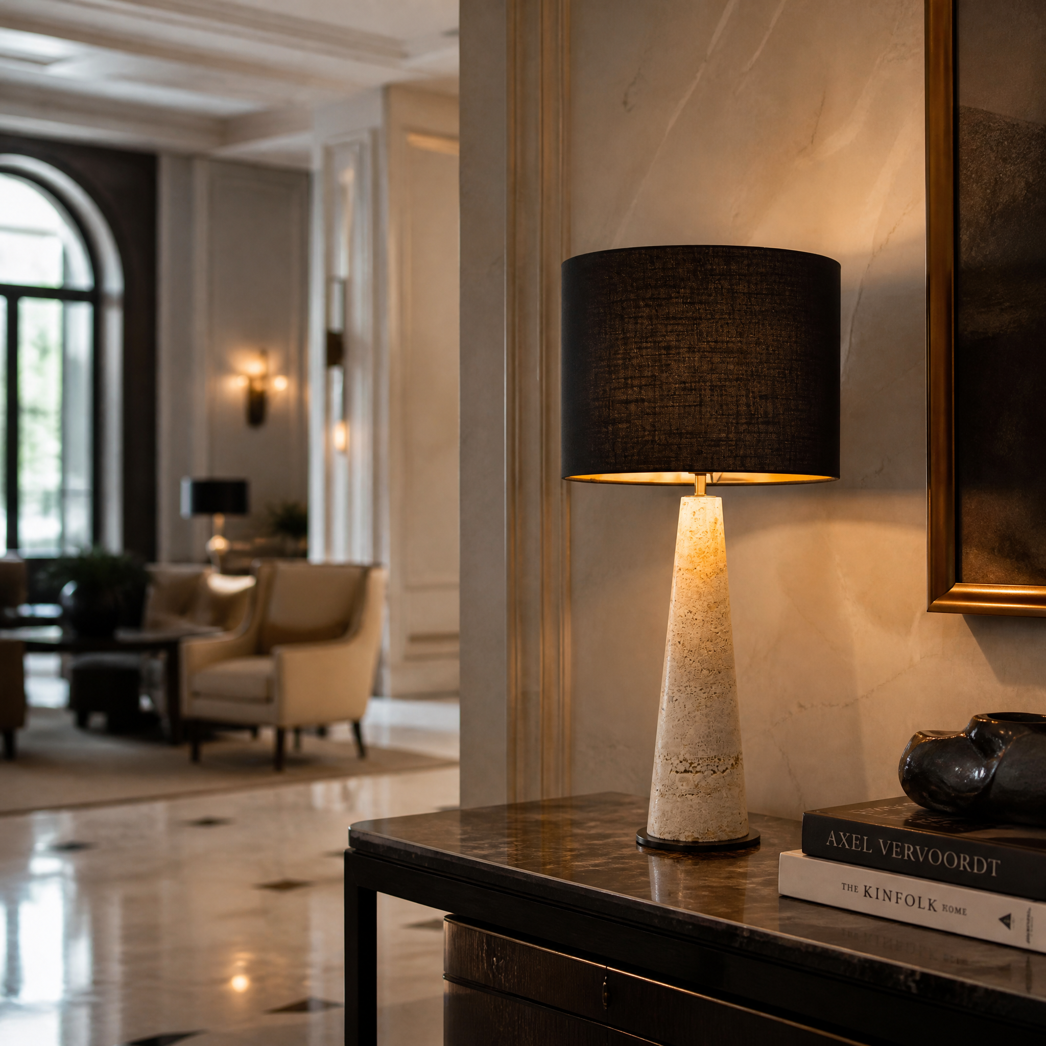 Sophisticated hotel lounge featuring the Tavira Travertine Black Table Lamp by VORELLI, highlighting its refined contemporary elegance.