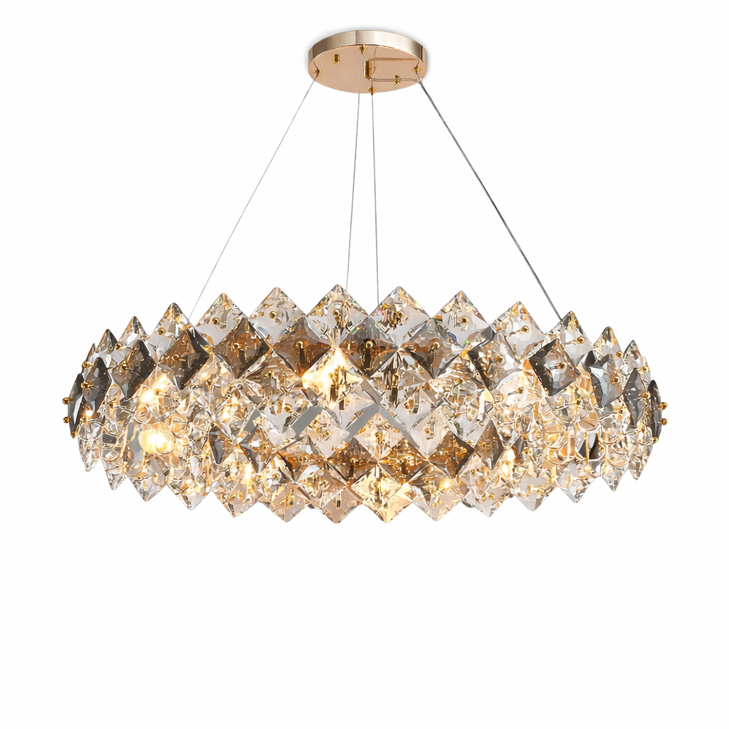 VORELLI Thirlmere Circular Chandelier featuring diamond cut crystal squares in clear and smoky grey tones for a dramatic interior design mood.