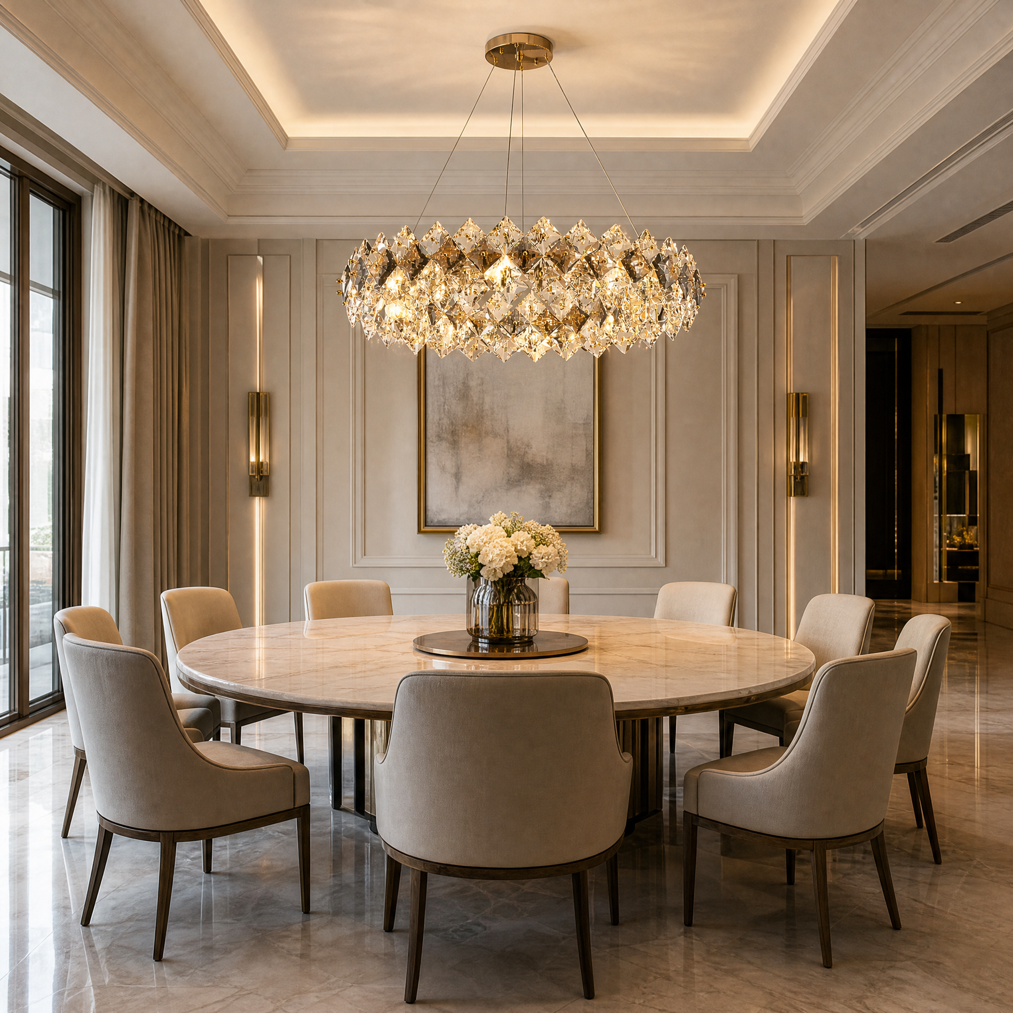 VORELLI Thirlmere Circular Chandelier installed in a luxury residential living room with modern elegant decor.