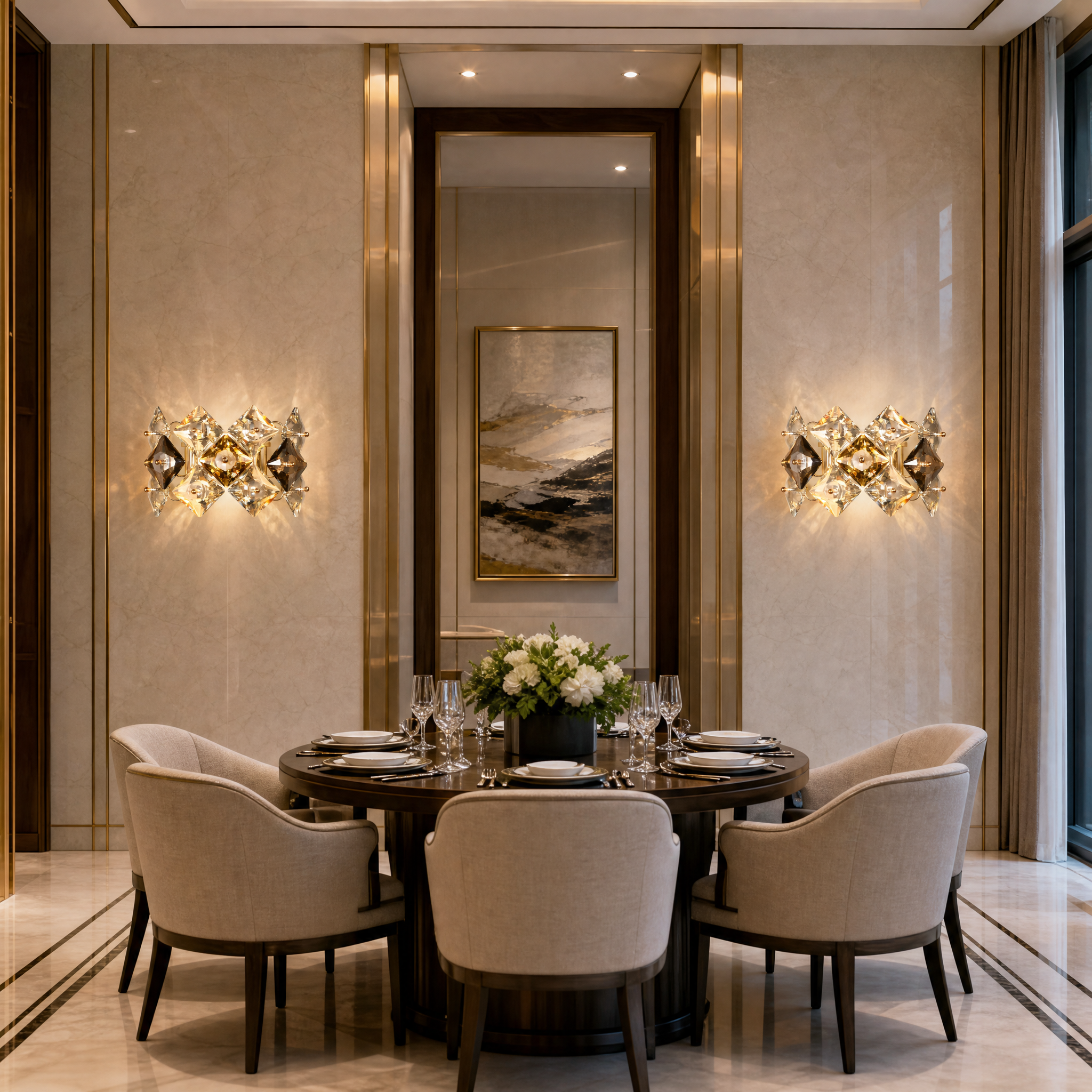 Sophisticated VORELLI Thirlmere crystal wall sconces providing refined accent lighting in a luxury hotel lobby or hospitality setting.