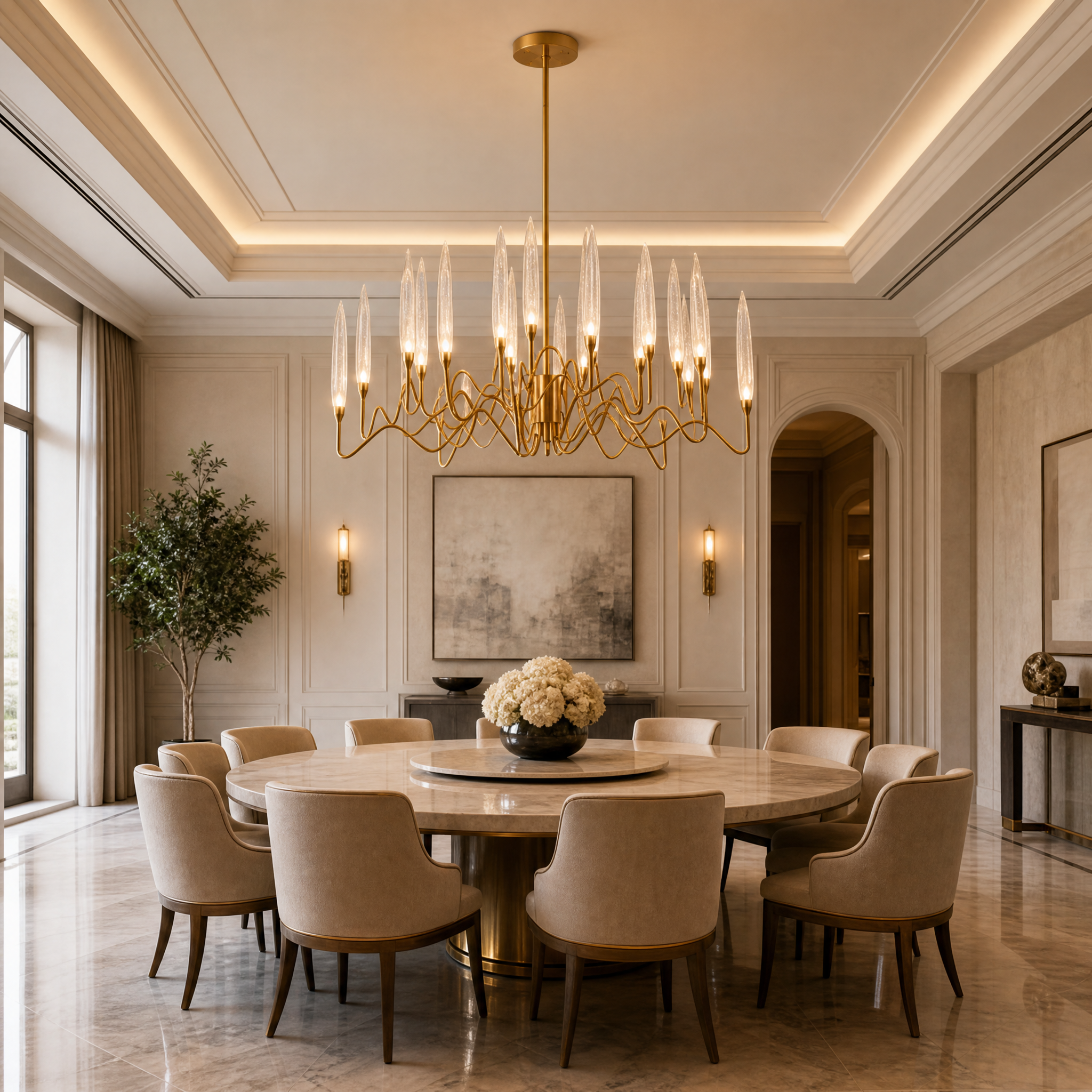 VORELLI Tiddington crystal pendant light illuminating a luxurious residential living room with a blend of artistic and traditional style.