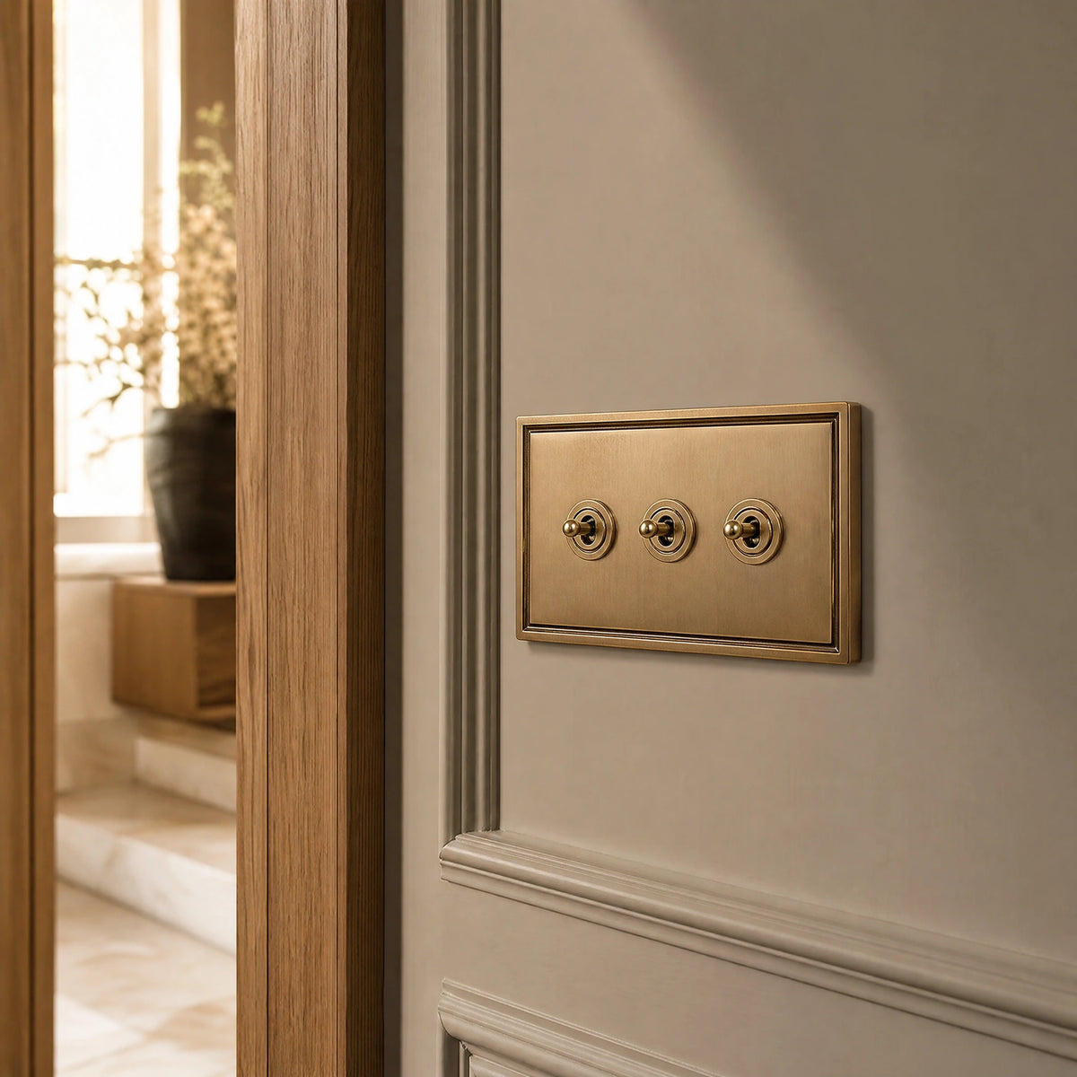Close-up of a luxury antique brass toggle switch installed within feature wall beside an elegant doorway with refined timber panelling by VORELLI®.