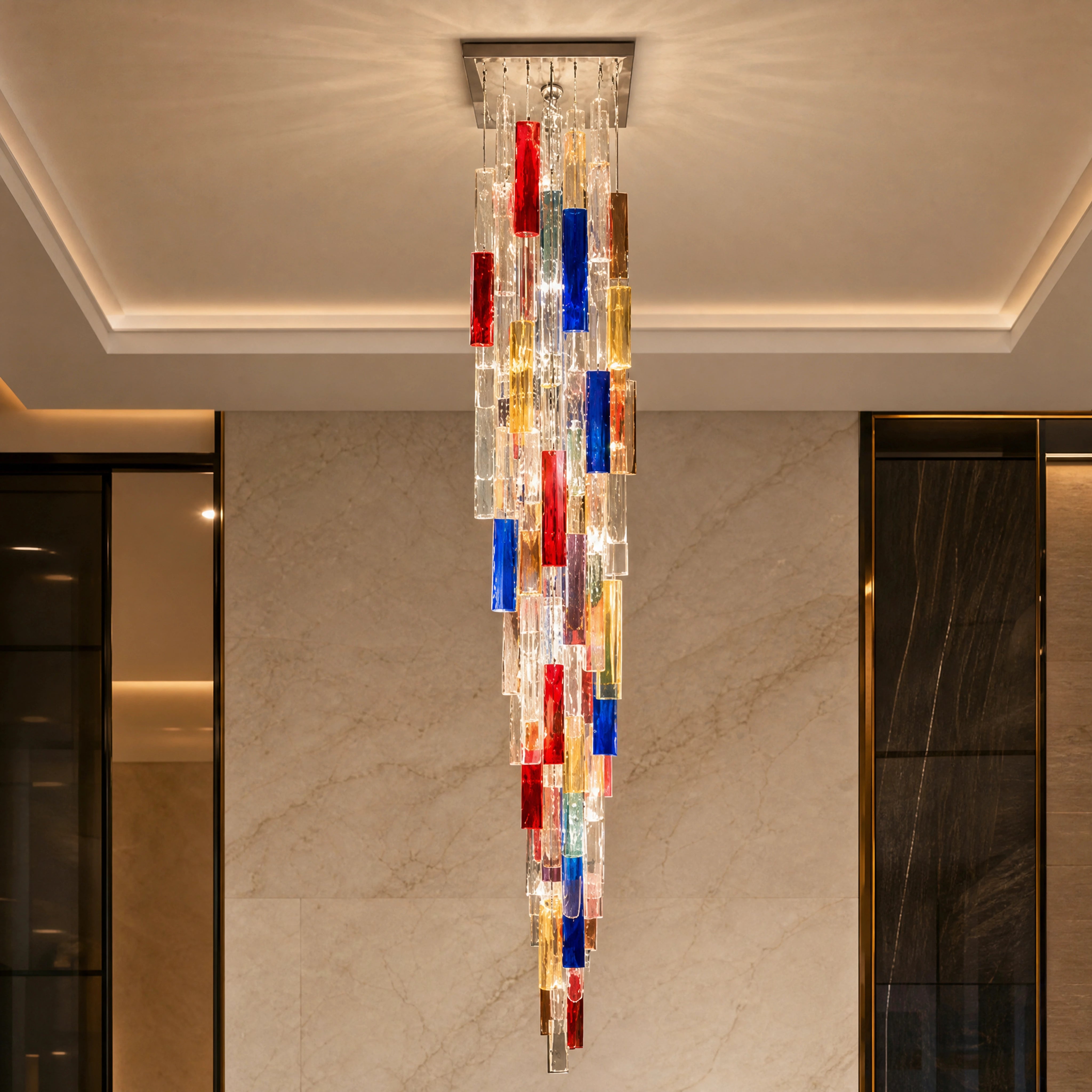 Torino Squares Murano Glass Staircase Chandelier close-up luxury lifestyle hero image by VORELLI