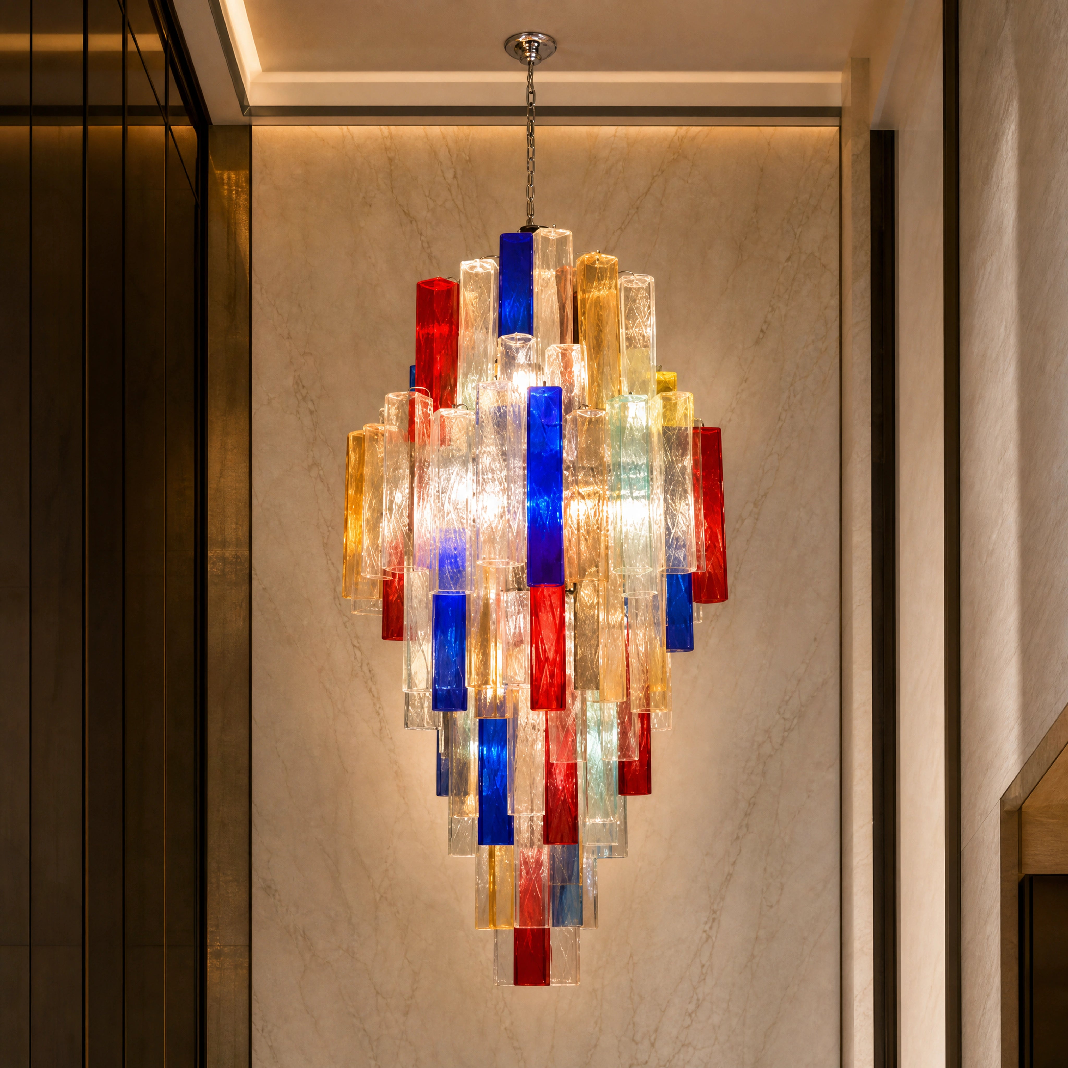 Trento Squares Murano Glass Staircase Chandelier close-up luxury lifestyle hero image by VORELLI