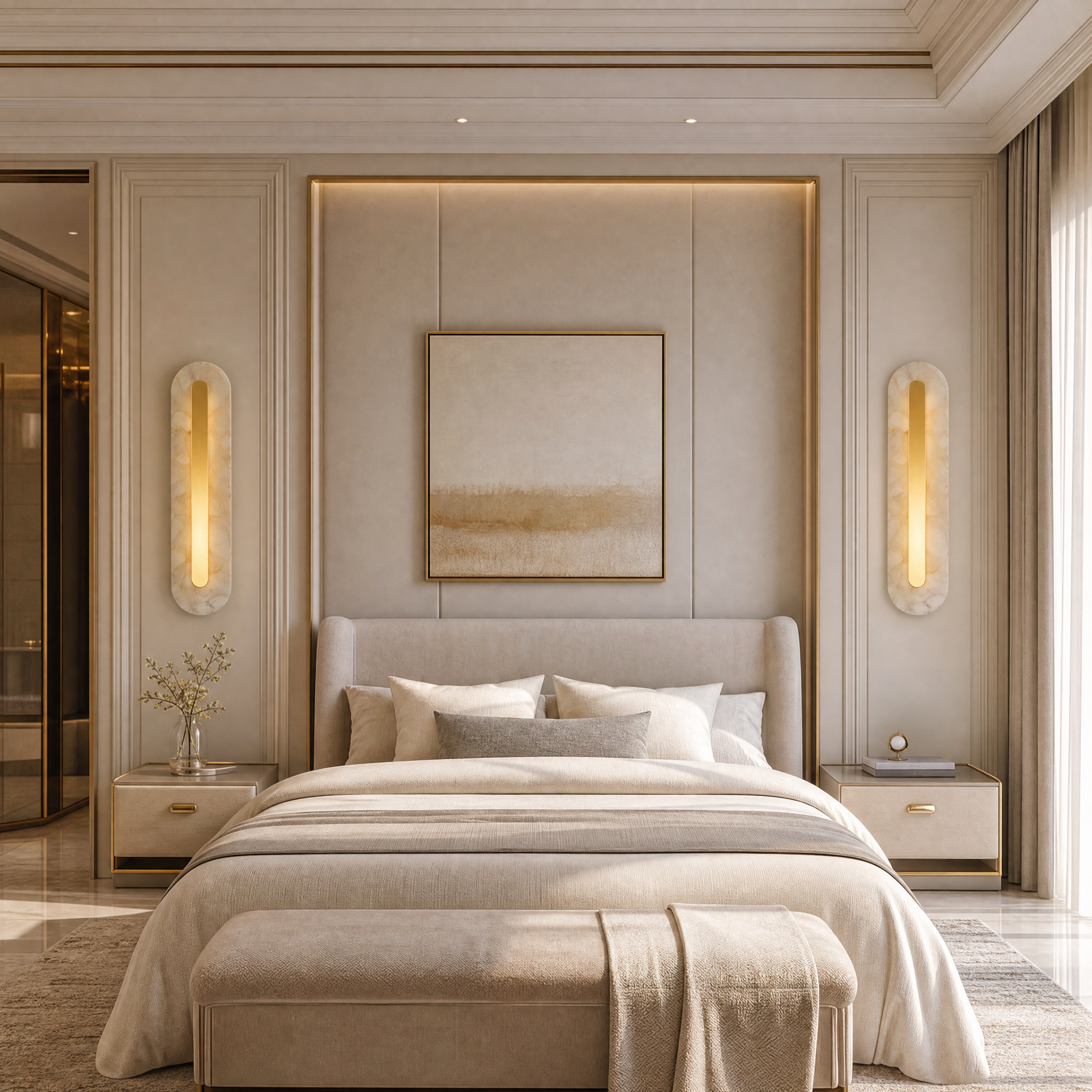 The VORELLI Treviso Marble Wall Light illuminates a contemporary residential living room, blending brushed gold and warm marble for an elegant ambiance.