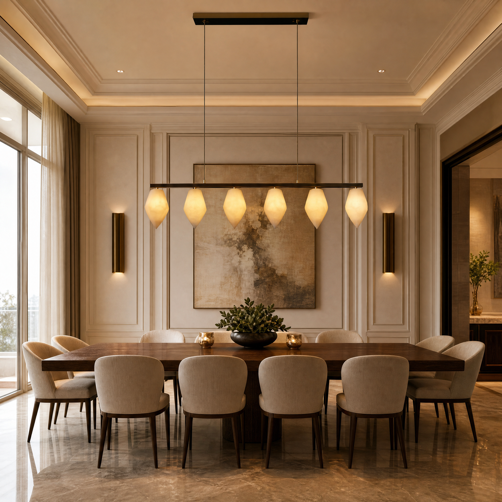 VORELLI Tuscana Marble Rectangular Chandelier installed above a luxury dining table in a modern residential dining room.
