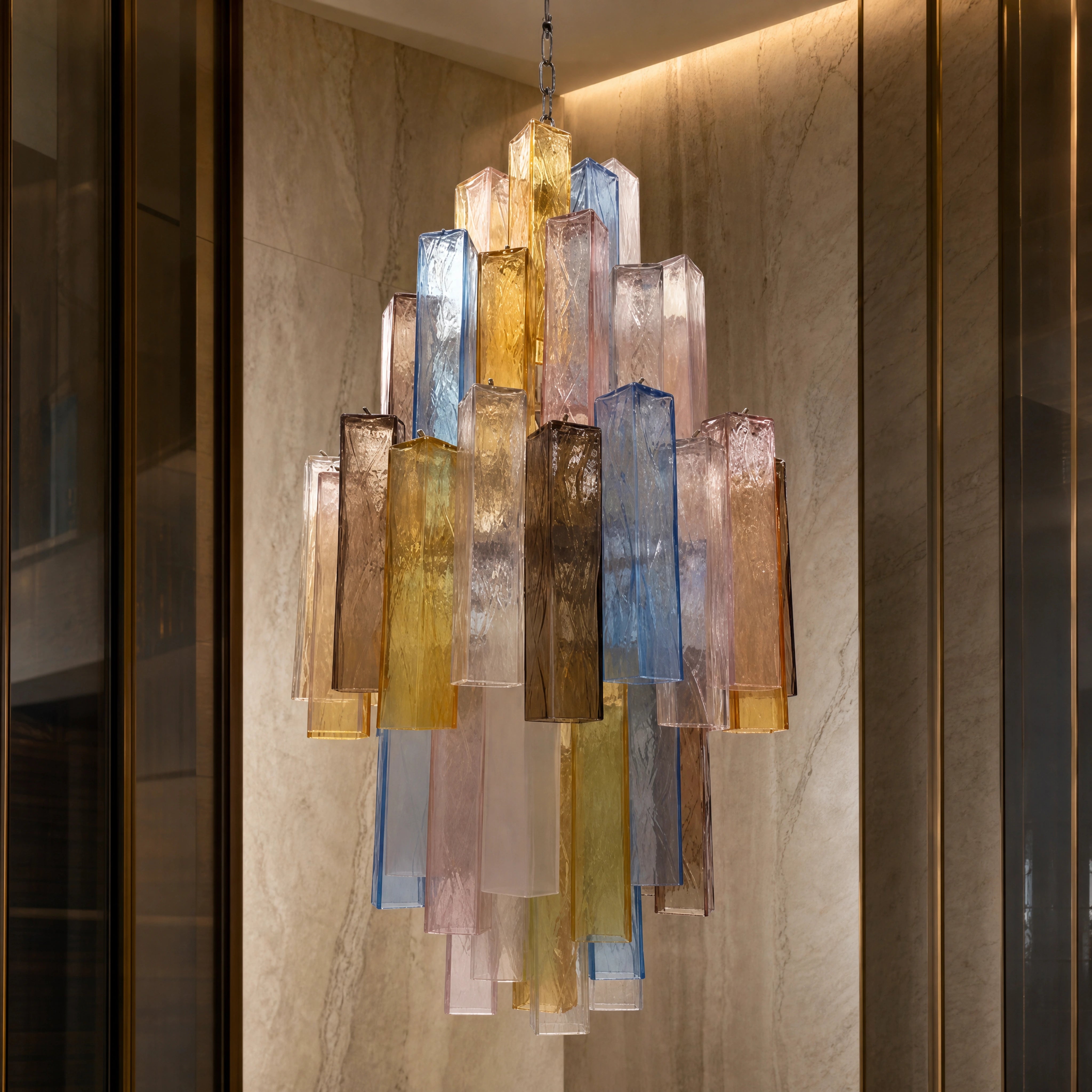 Udine Squares Murano Glass Staircase Chandelier close-up luxury lifestyle hero image by VORELLI