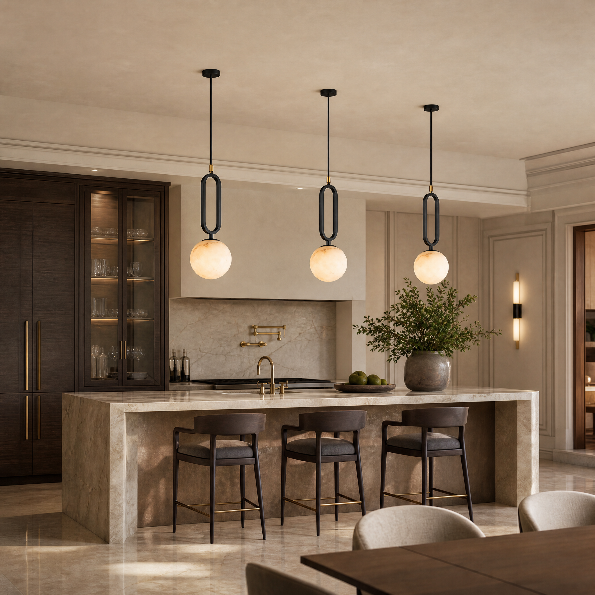 VORELLI Uno marble pendant light casting a warm, sophisticated glow over a contemporary residential living room setting.