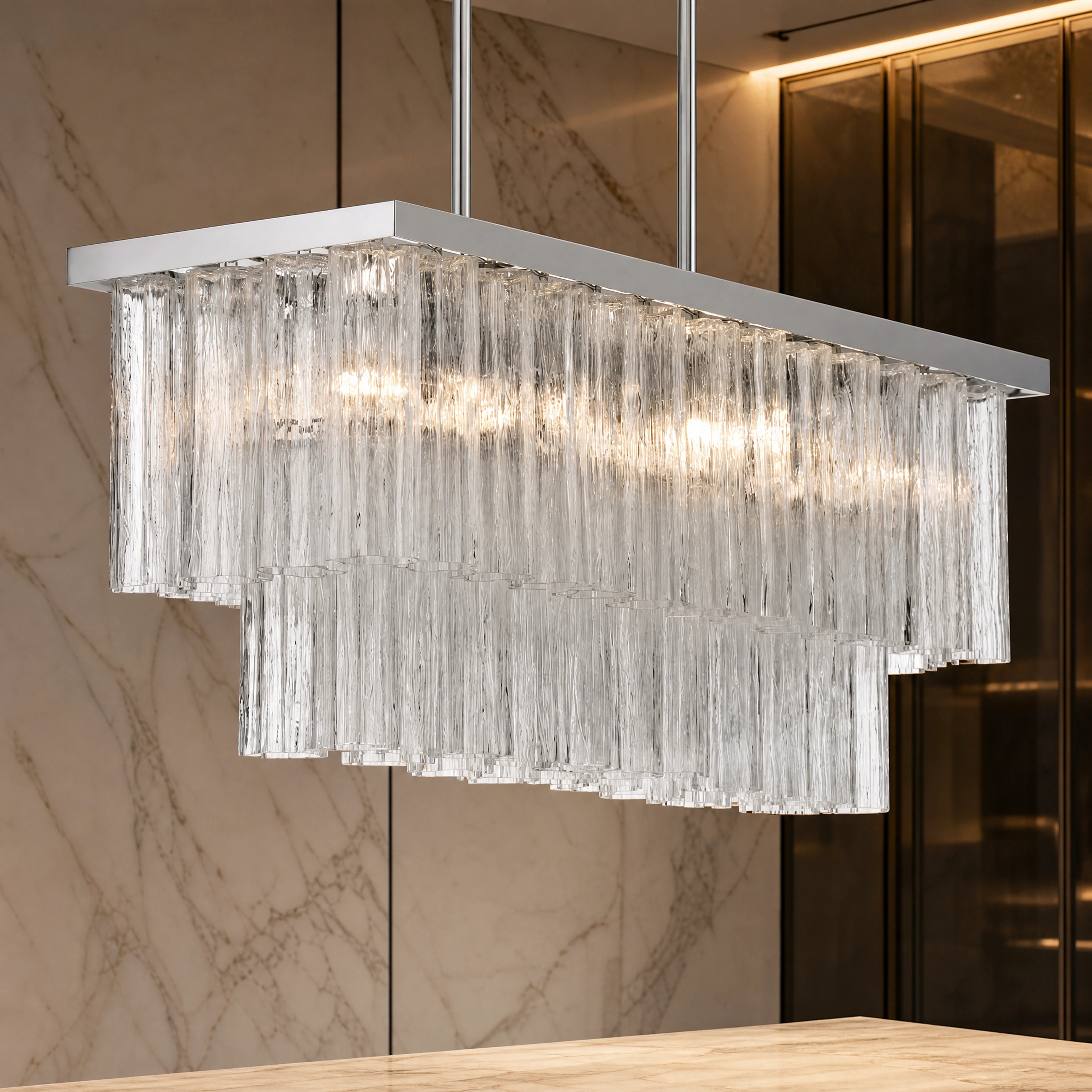 Varenna Tronchi Murano Glass Rectangular Chandelier close-up luxury lifestyle hero image by VORELLI