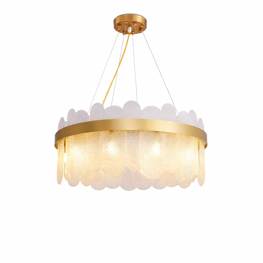 VORELLI Valparaíso circular chandelier cast in a warm glow, highlighting the premium contemporary design and sophisticated ambiance of a high-end interior.