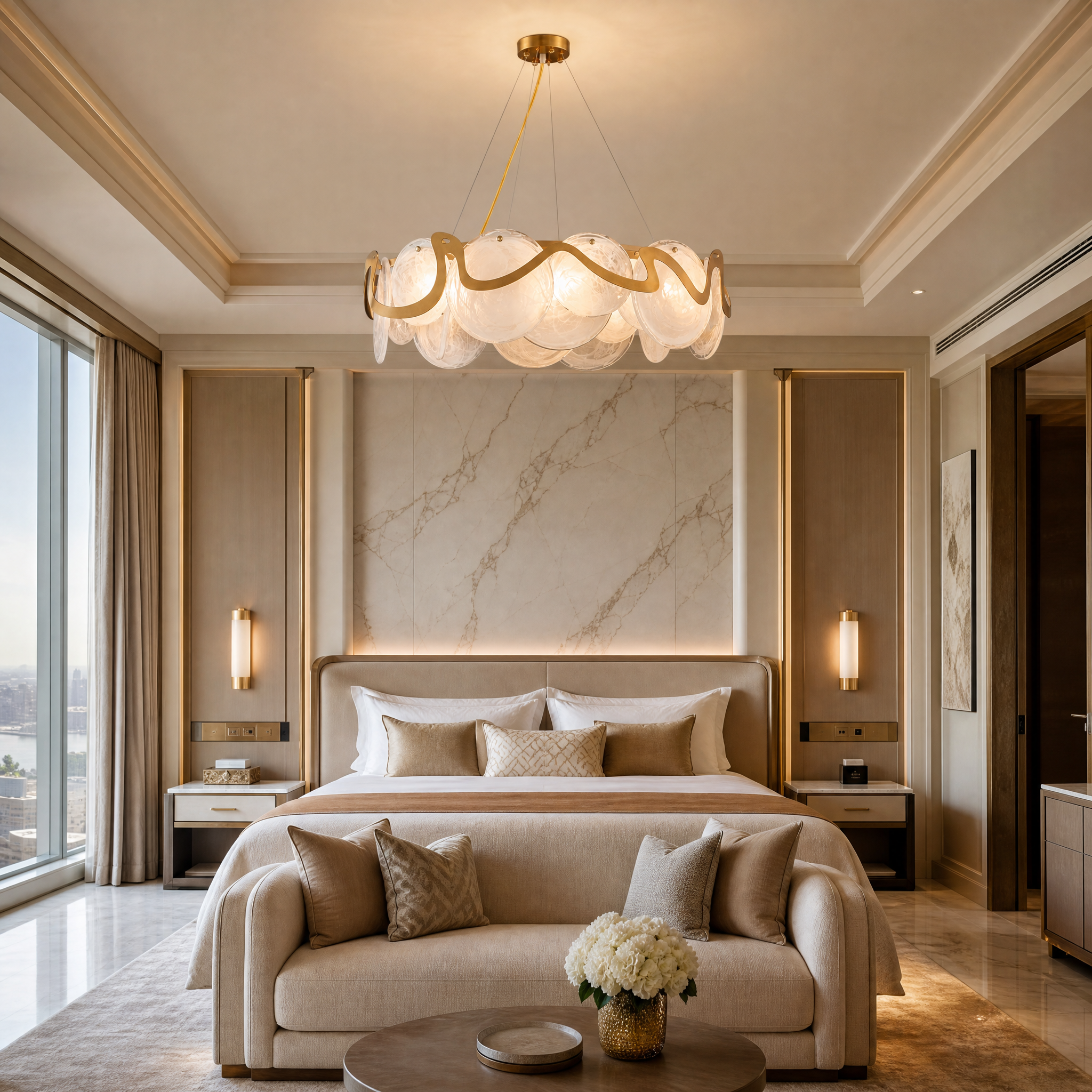 The elegant VORELLI Valparaíso Cristóbal circular chandelier serving as a dramatic sculptural centerpiece in a luxury hospitality lobby reception area.
