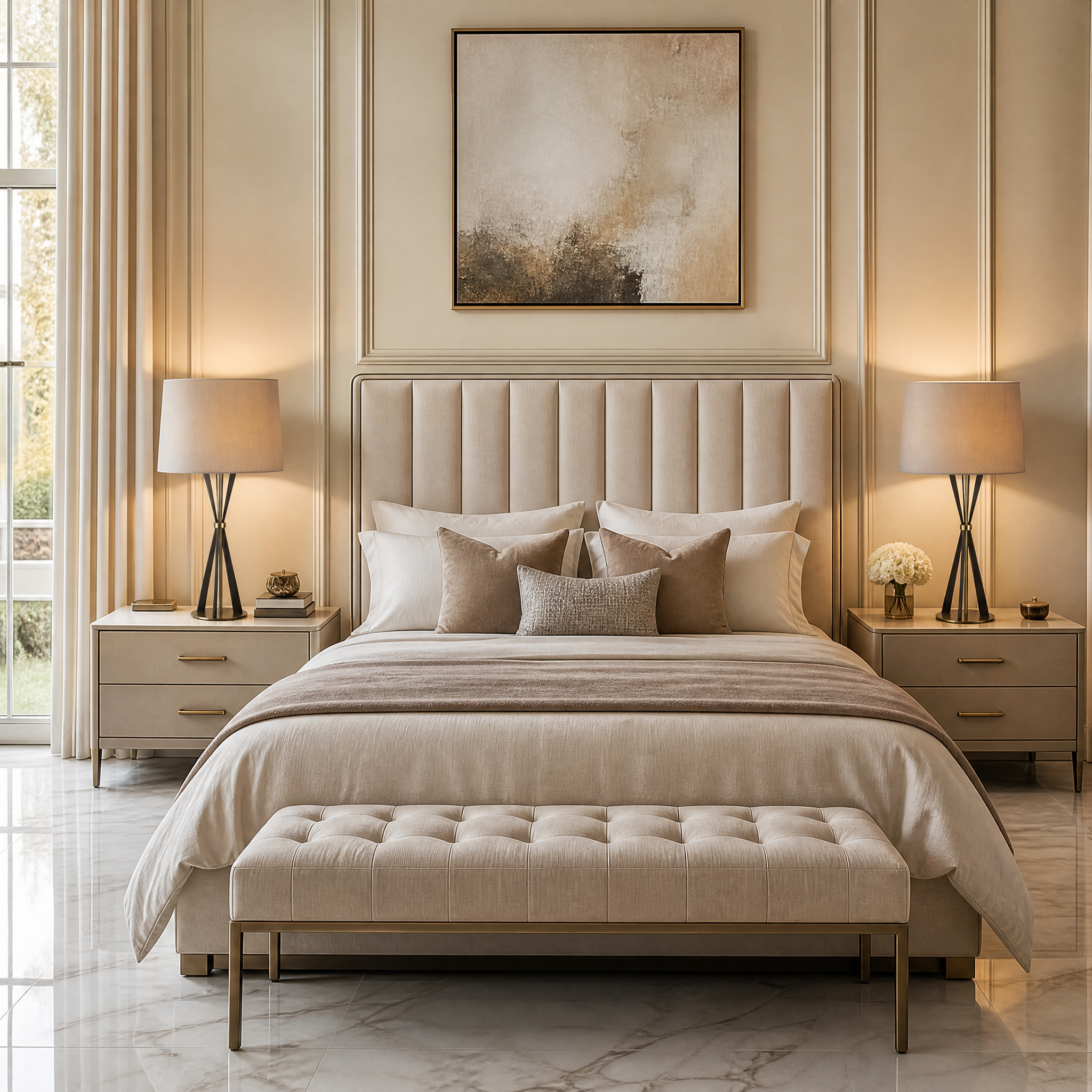 VORELLI Valtero brass table lamp with a dark and light antique finish on a side table in a luxury residential living room setting.