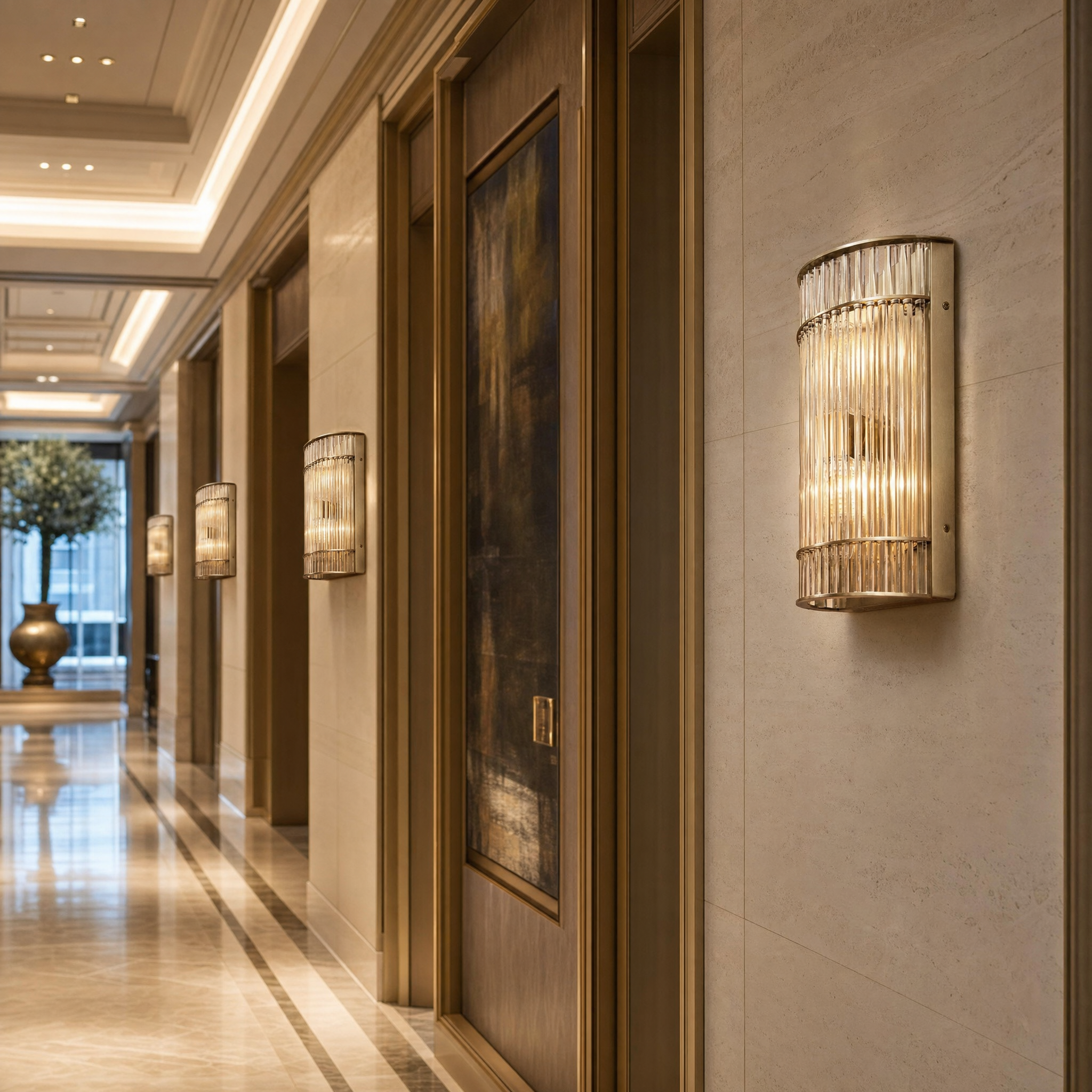 Sophisticated Vantore IP65 champagne glass wall light mounted at a boutique hotel entrance to create a welcoming architectural glow.
