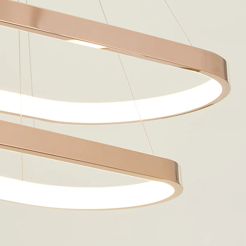 Close-up of rectangular LED ring chandelier showing smooth illuminated edges and modern design