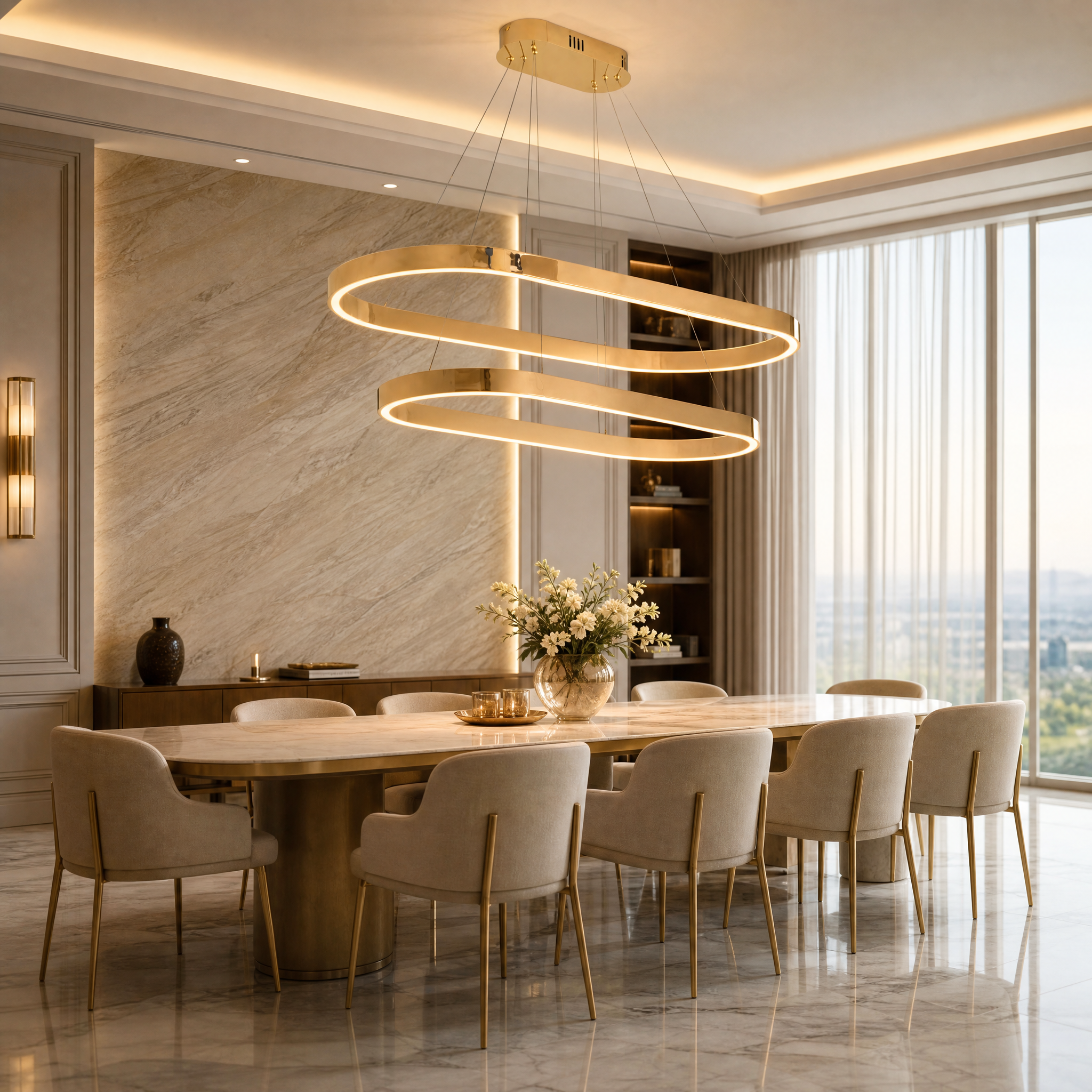 VORELLI Veneto Ring Rectangular Chandelier illuminating a luxury residential dining room with a warm, sophisticated glow.