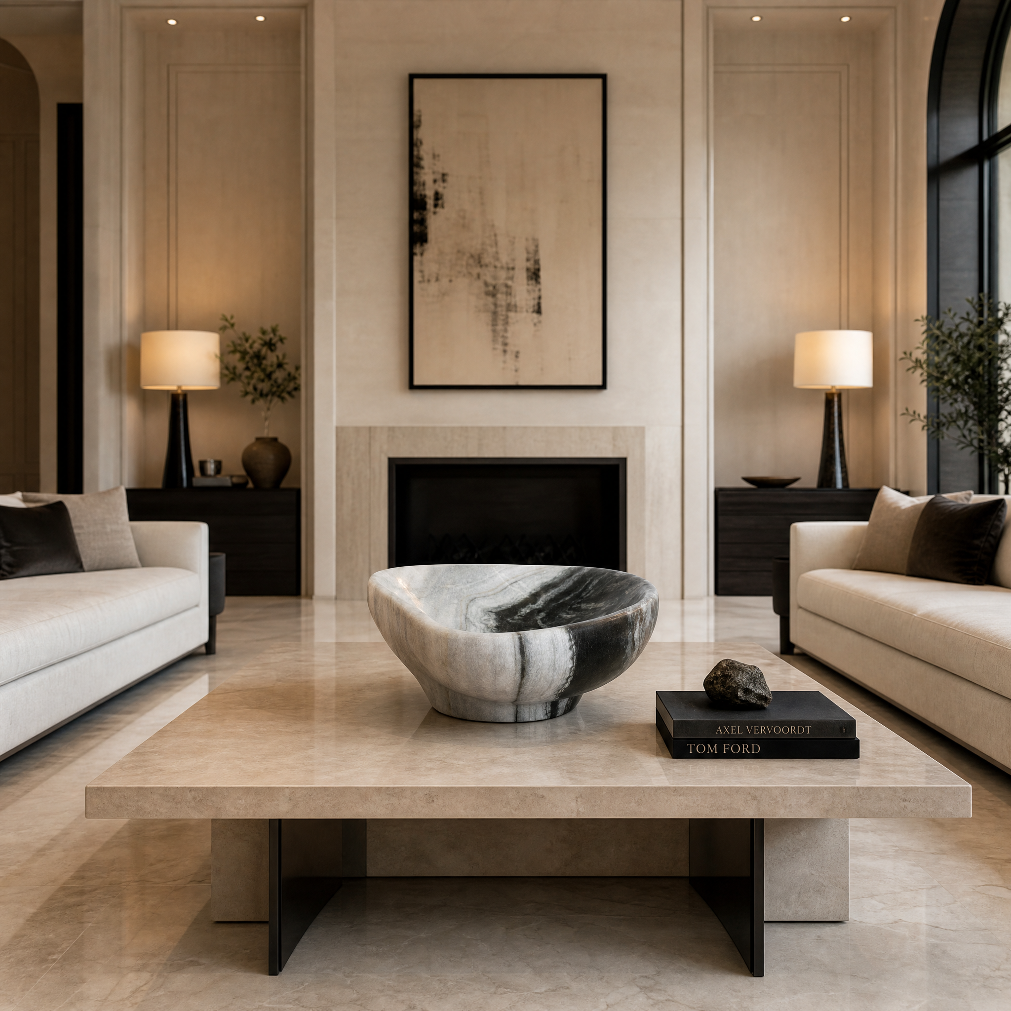 VORELLI Venezia marble plate decor styled as a luxury centrepiece on a contemporary residential living room console table.