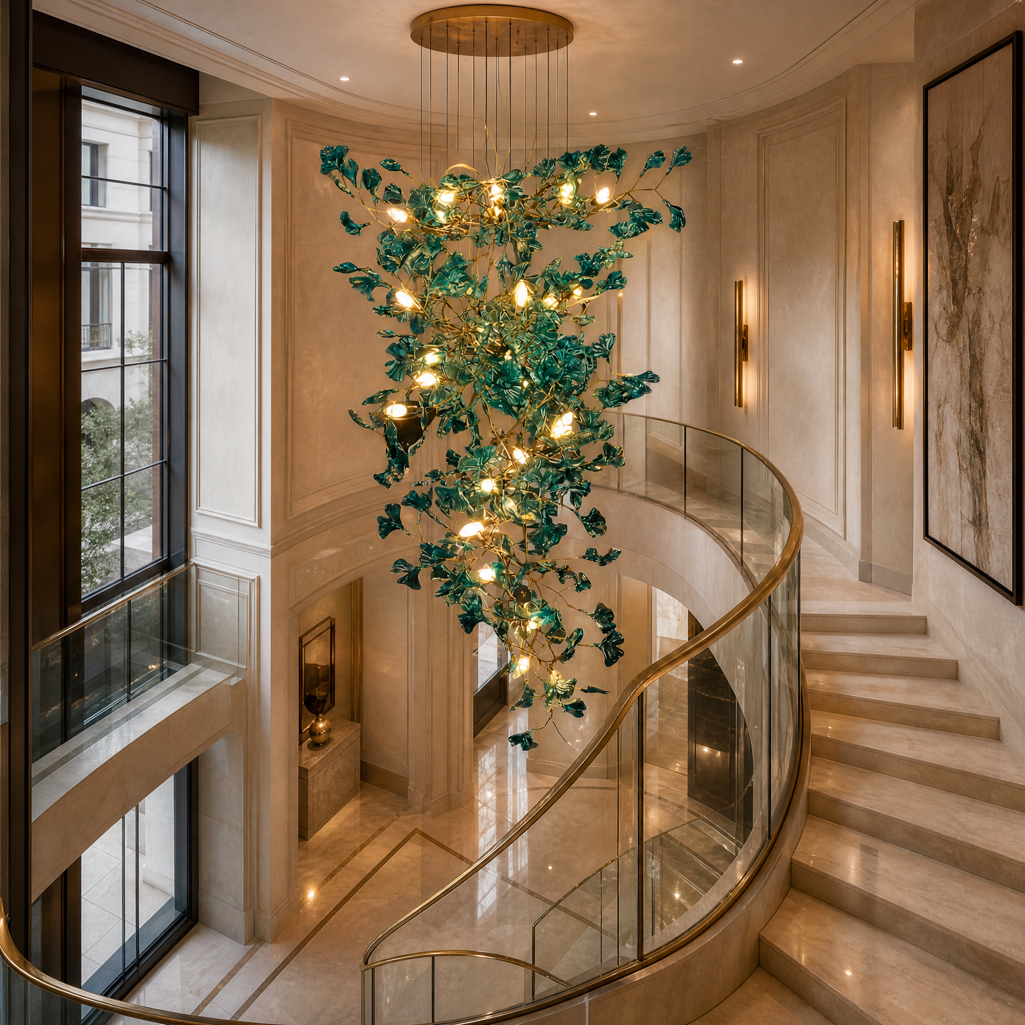 A sophisticated commercial hospitality space featuring the Verde Linear Staircase Chandelier, creating an architectural focal point with fluid, sculptural green glass elements.
