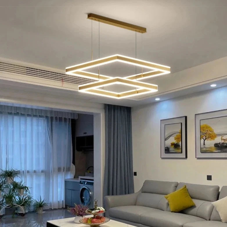 Contemporary double frame chandelier with integrated LED lighting in modern residential interior