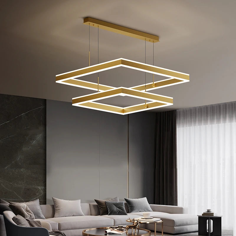 Modern double LED chandelier with square frames creating ambient lighting in luxury living room